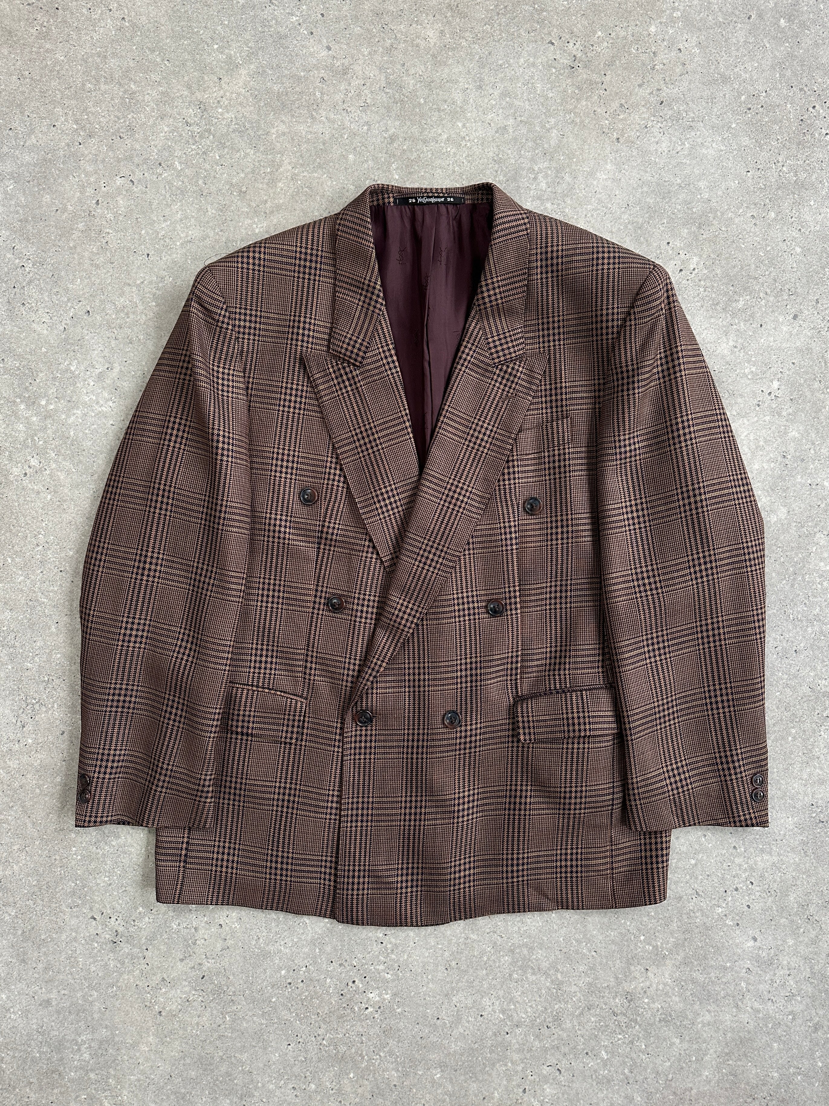 Yves Saint Laurent Diffusion Hommes 1980s check wool blazer, size 42R/XL, featuring classic tailored design and vintage style.