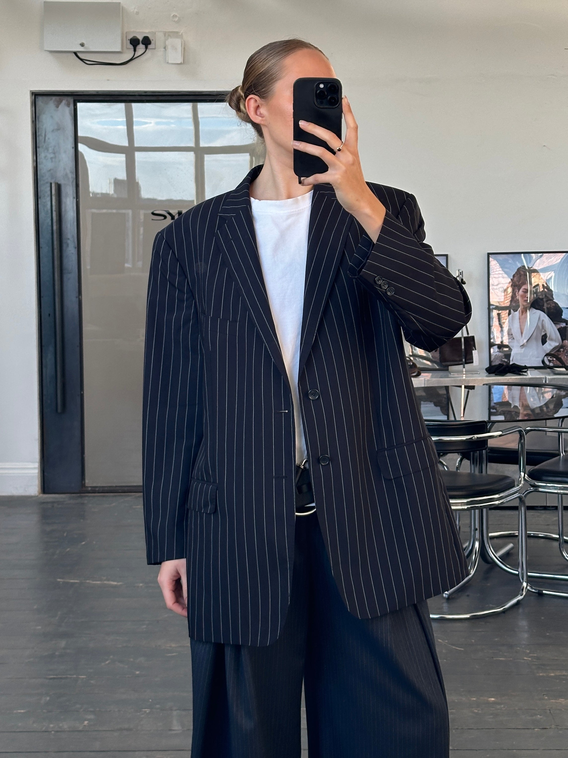 Versace Collection stripe pure wool single-breasted blazer in size 44R/XL, featuring classic design and tailored fit.