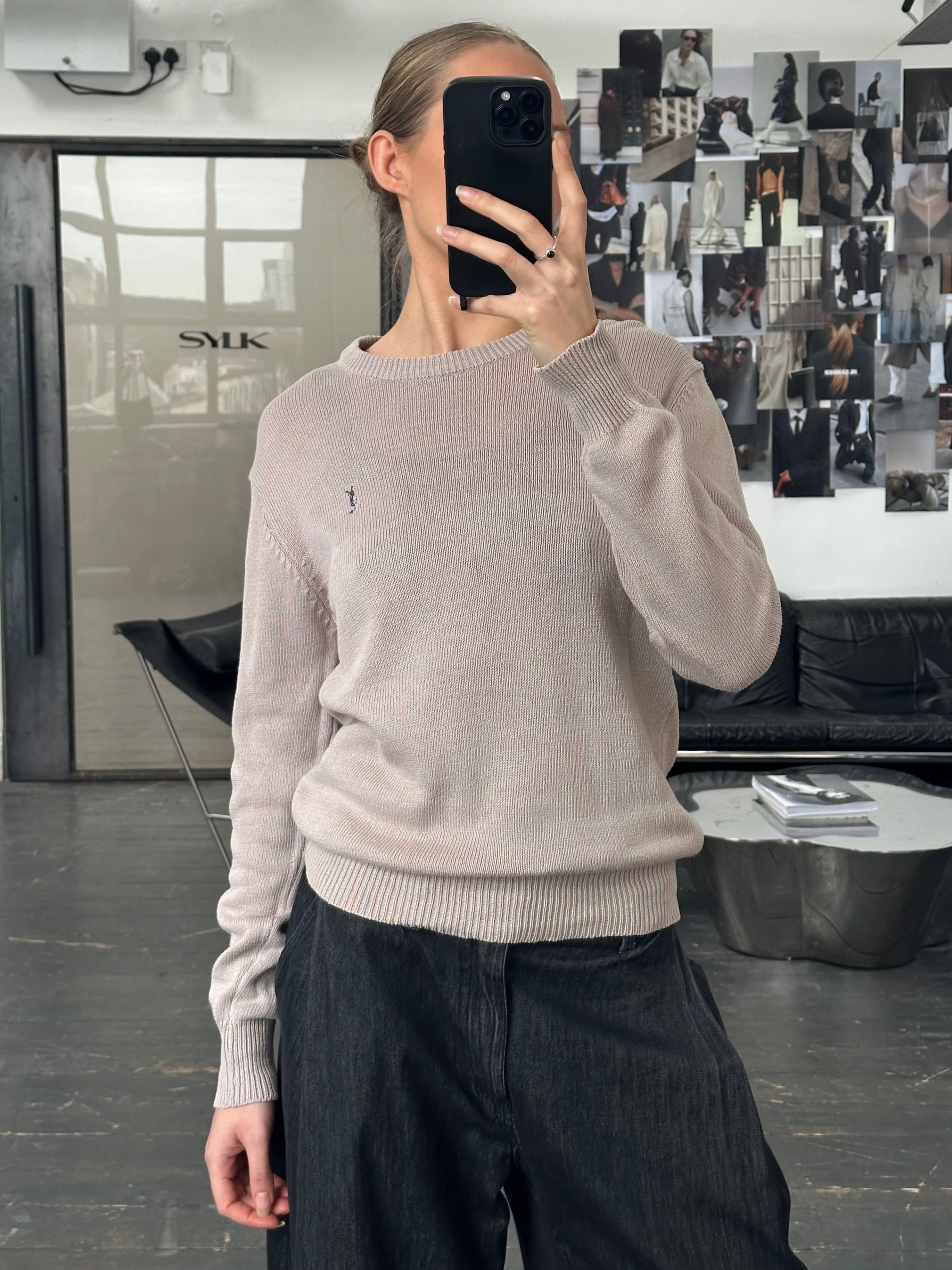 Yves Saint Laurent 1990s cotton knitted jumper in size small, featuring classic sportswear style and textured knit fabric.