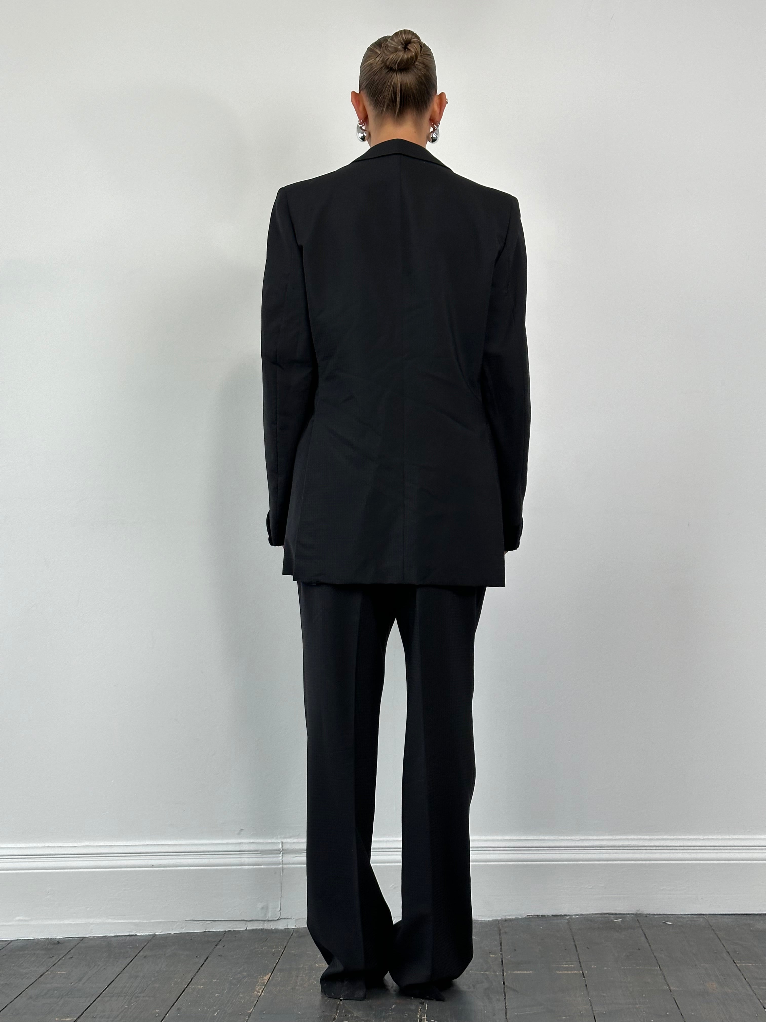 Christian Dior Monsieur 1990s velvet three-piece tuxedo suit, size 44L/W30, featuring classic tailored design and luxurious fabric.