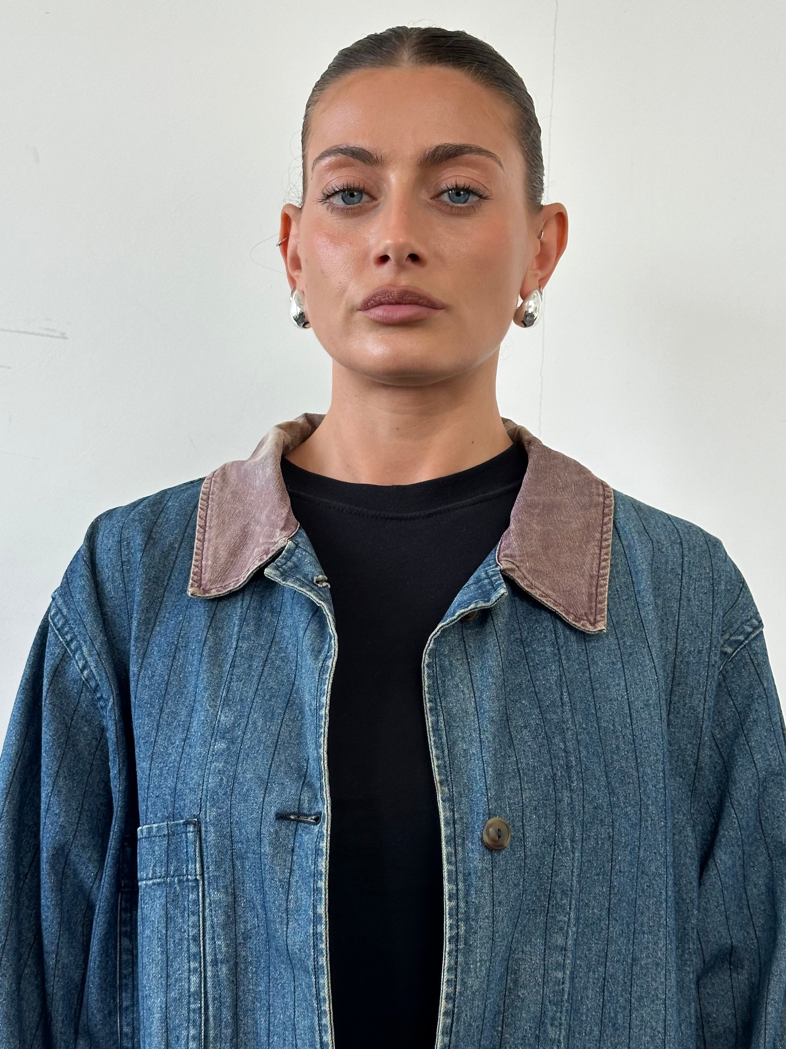 Valentino XL denim workwear jacket with pinstripe design, showing front view with collar and button closure.