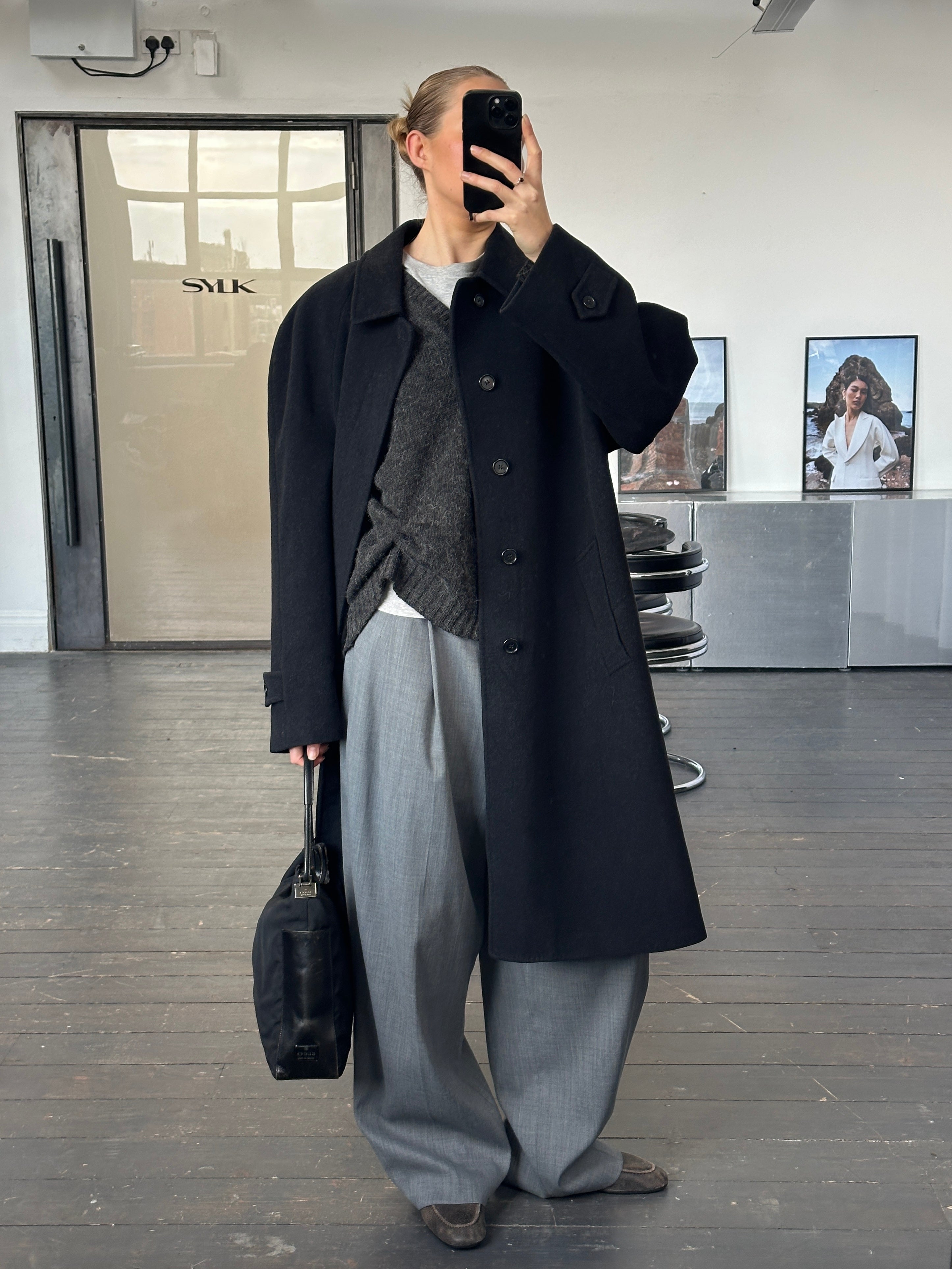 Vintage Italian 1990s wool and cashmere belted coat in XXL, classic style with a tailored fit and timeless design.