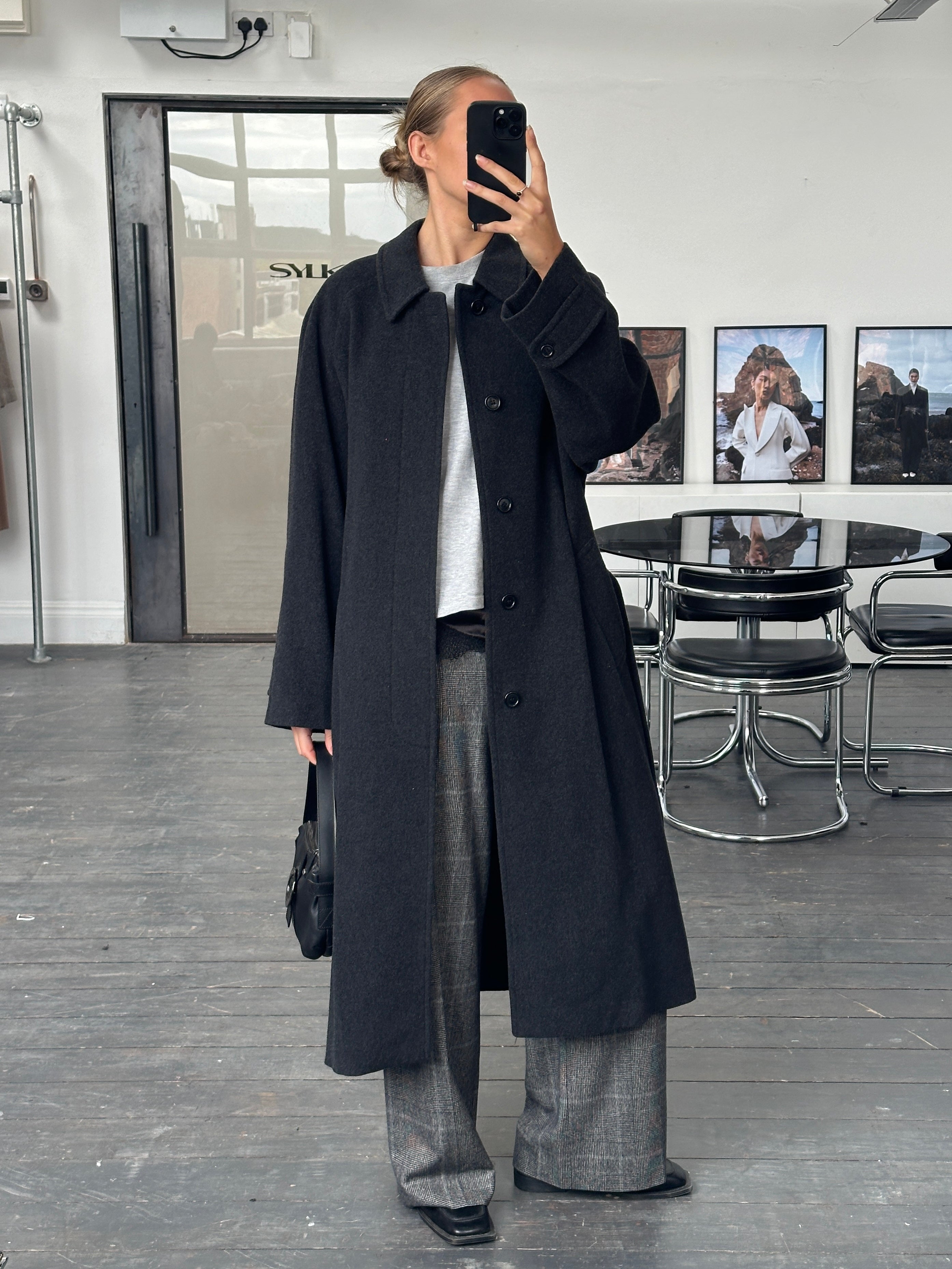 Vintage 1990s wool and cashmere belted coat in size L/XL, featuring classic design and cozy texture.