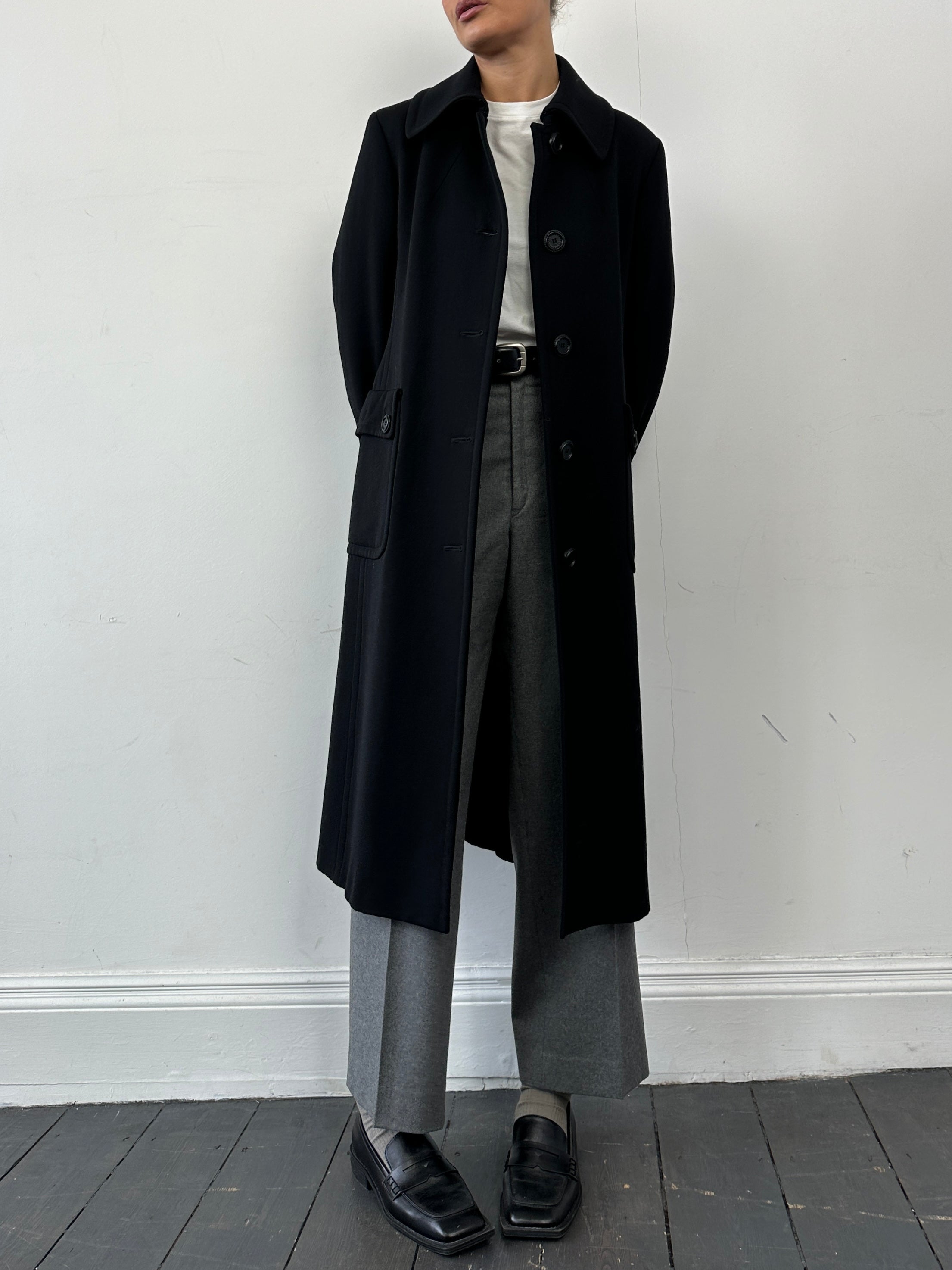 Marella Pure Virgin Wool Single Breasted Coat in size S/M, shown on a hanger, with a classic tailored fit and neutral color.