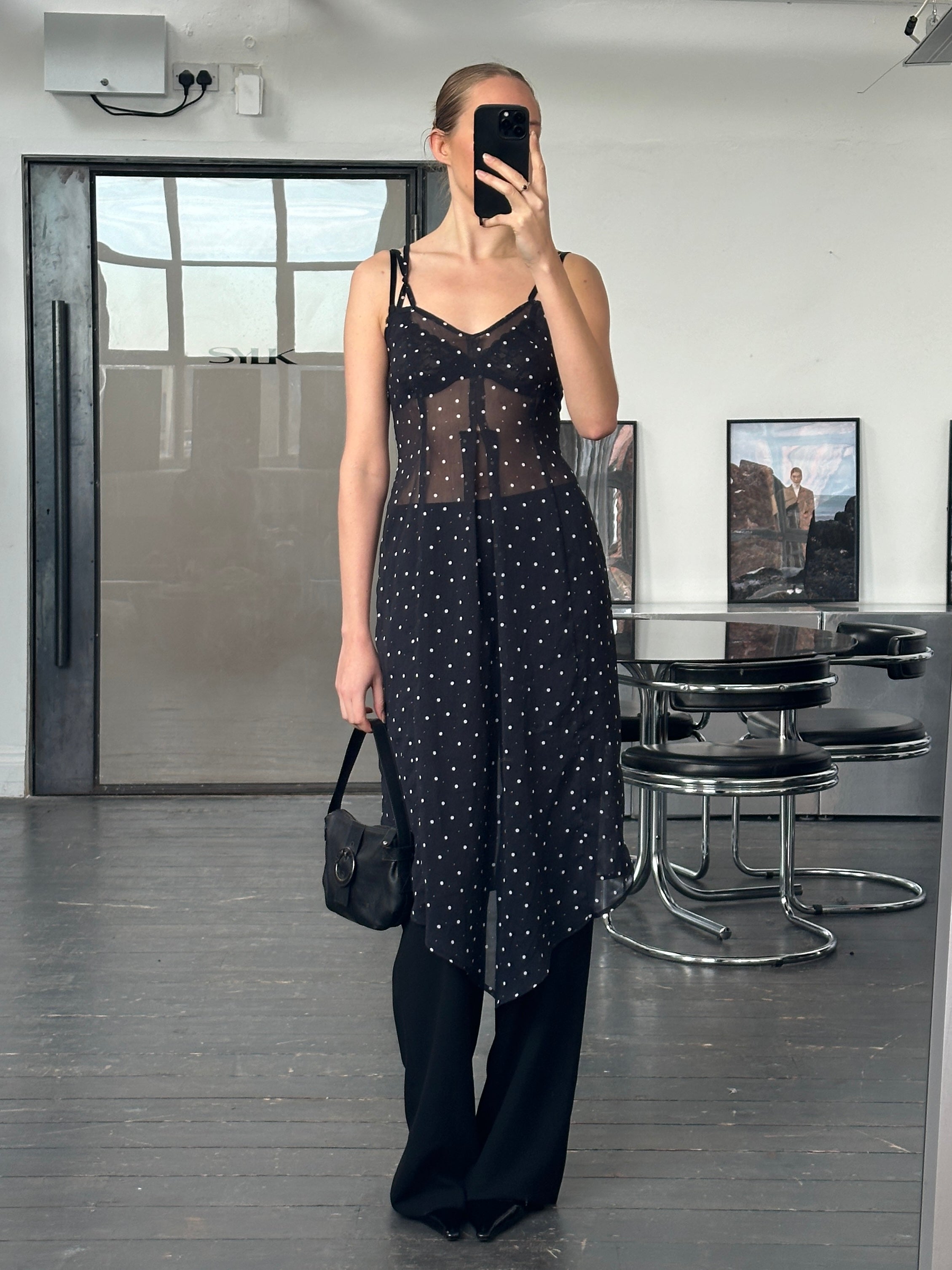 Vintage 2000s sheer polka dot slip dress in size S, featuring a lightweight, translucent fabric with a classic polka dot pattern.