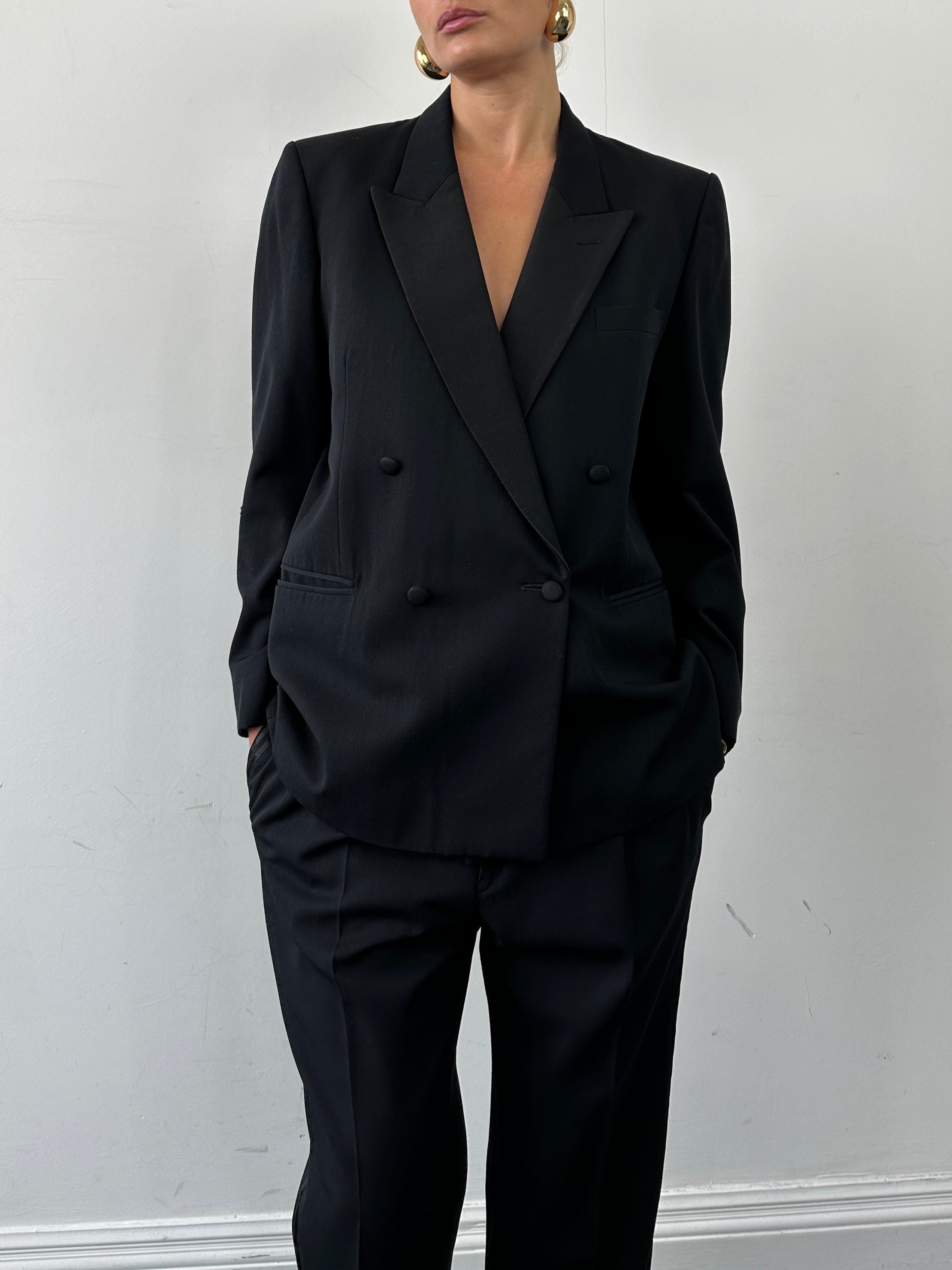 Christian Dior Monsieur tuxedo jumpsuit, double-breasted design in size 42S/W34, stylish formal wear with tailored details.