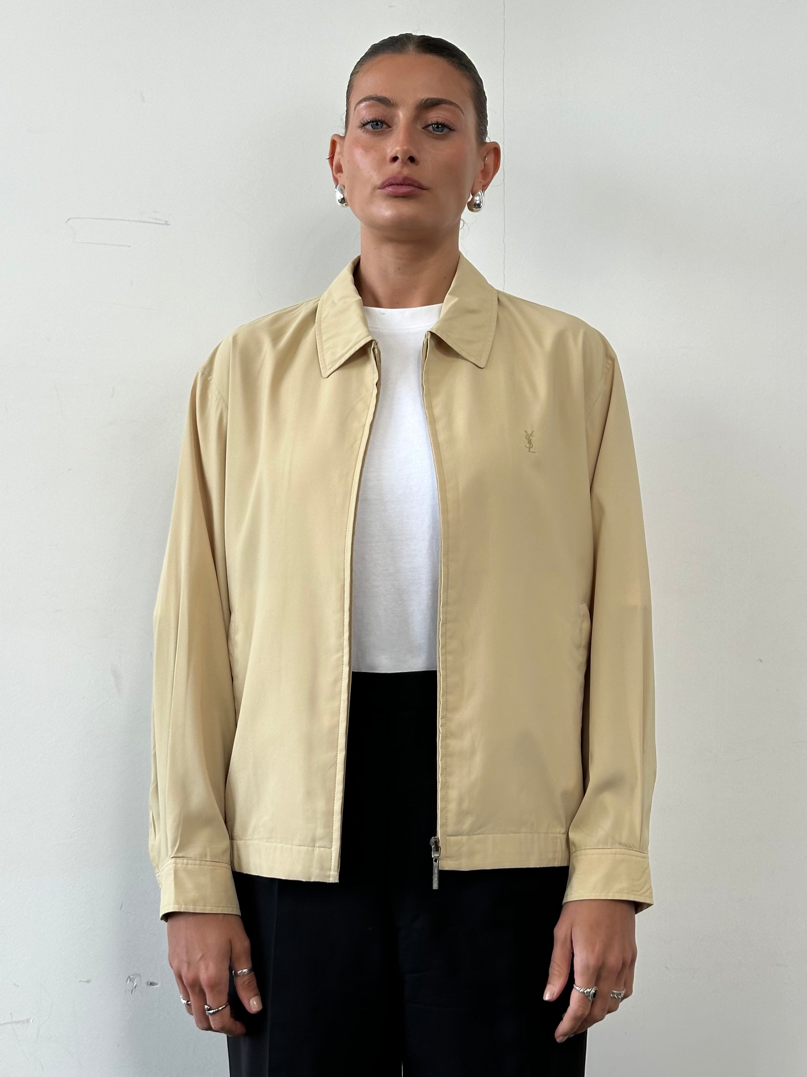 Yves Saint Laurent Pour Homme logo bomber jacket in black with front zipper and ribbed cuffs, size M/L, stylish men's outerwear
