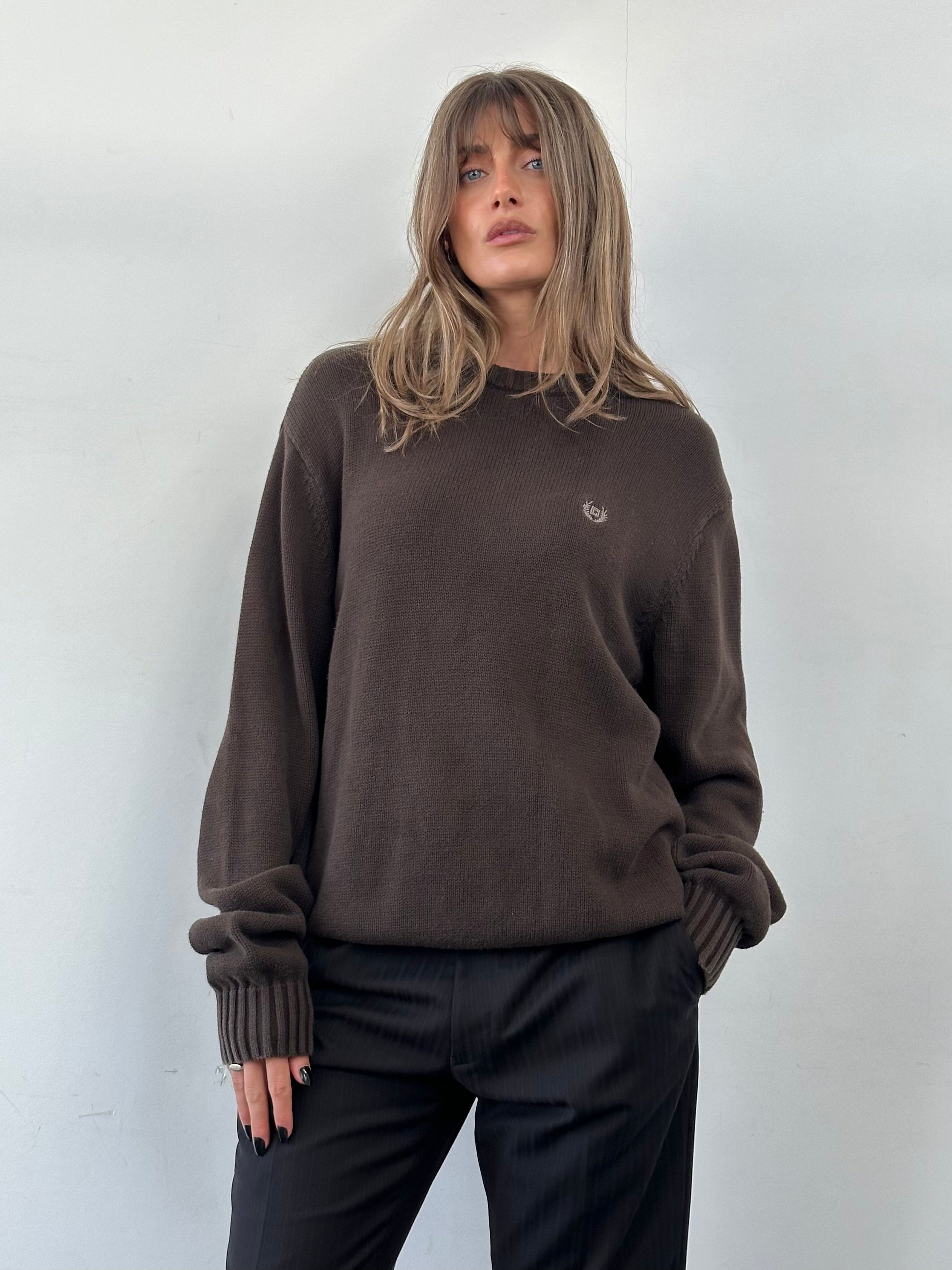 Ralph Lauren Chaps cotton crew neck jumper in XXL, navy blue, featuring a classic knit design and ribbed cuffs.
