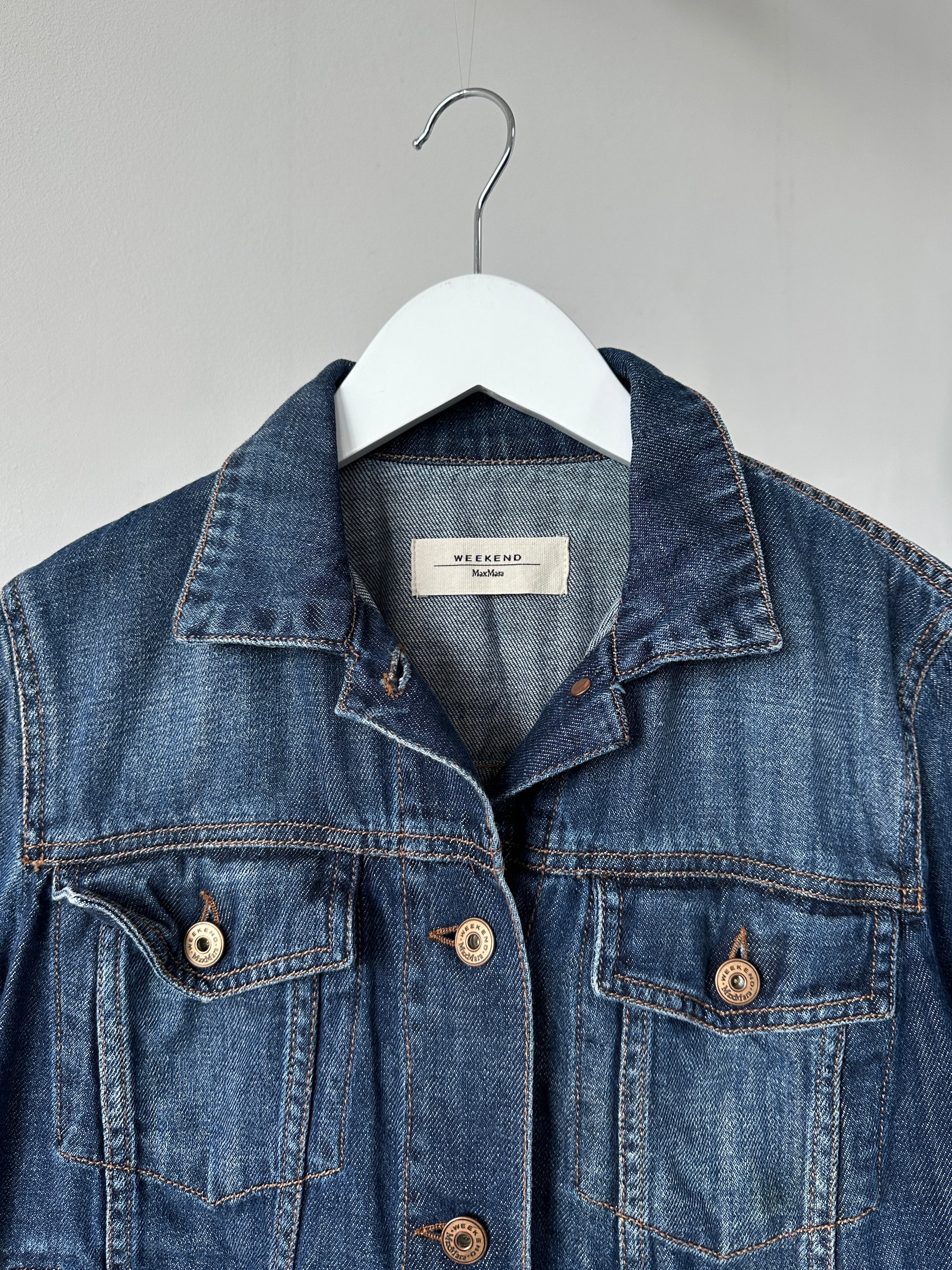 Max Mara Weekend pure cotton denim jacket in size S/M, shown in classic blue with button-front and collar details.