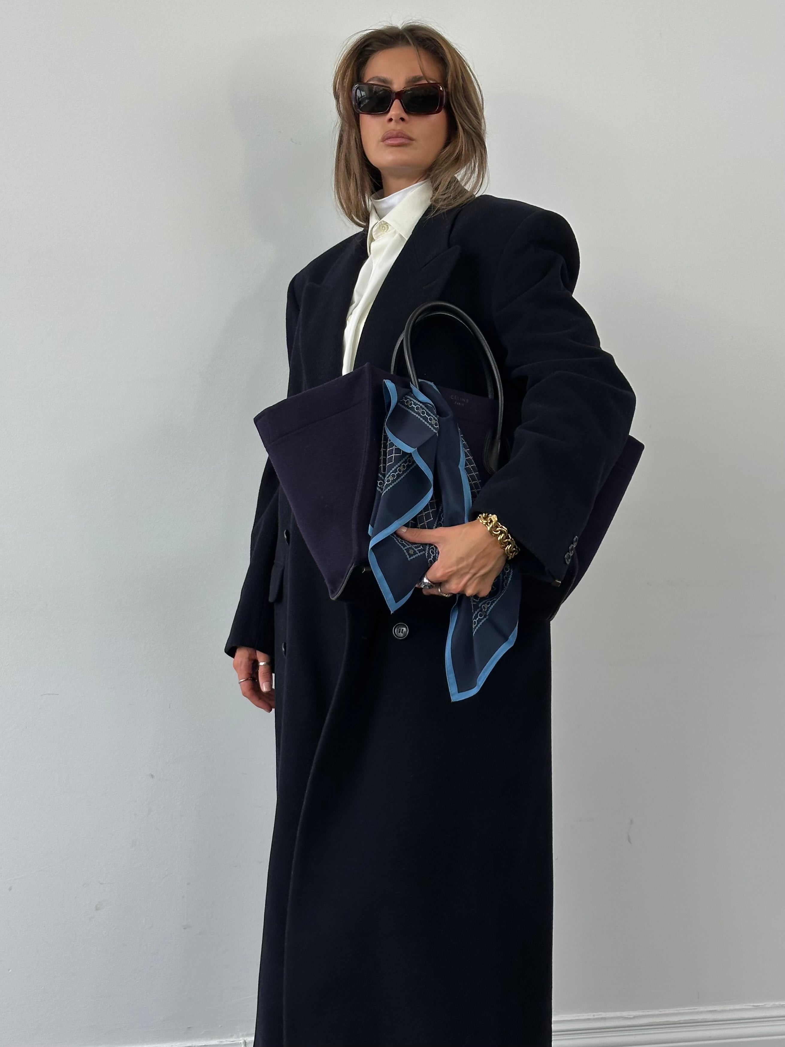 Pierre Cardin 1990s wool and cashmere double-breasted floor-length coat in XL, featuring classic design and elegant tailoring.