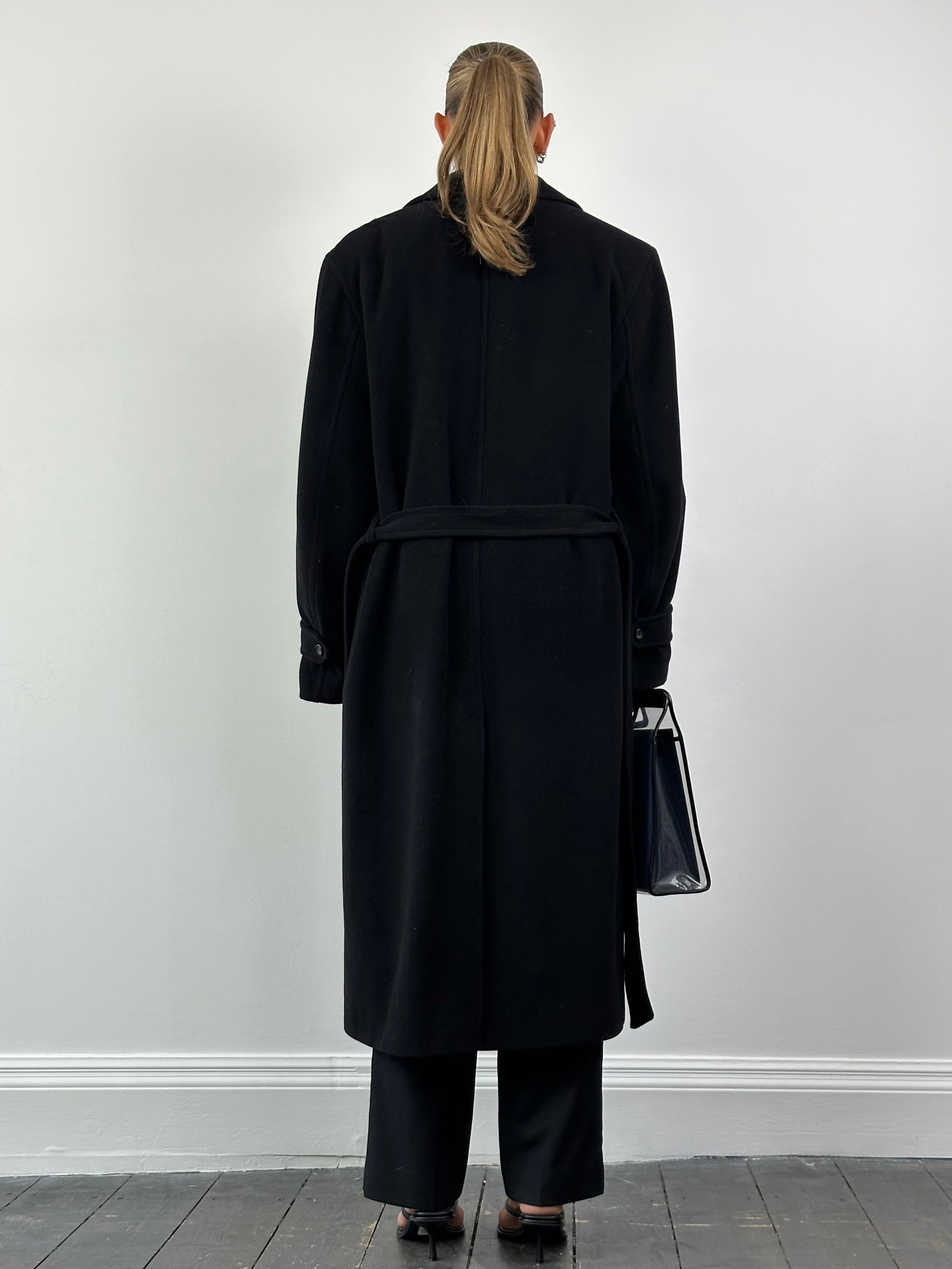 Vintage wool and cashmere belted coat in XXL, showcasing a classic, cozy winter outerwear design with a belt detail.