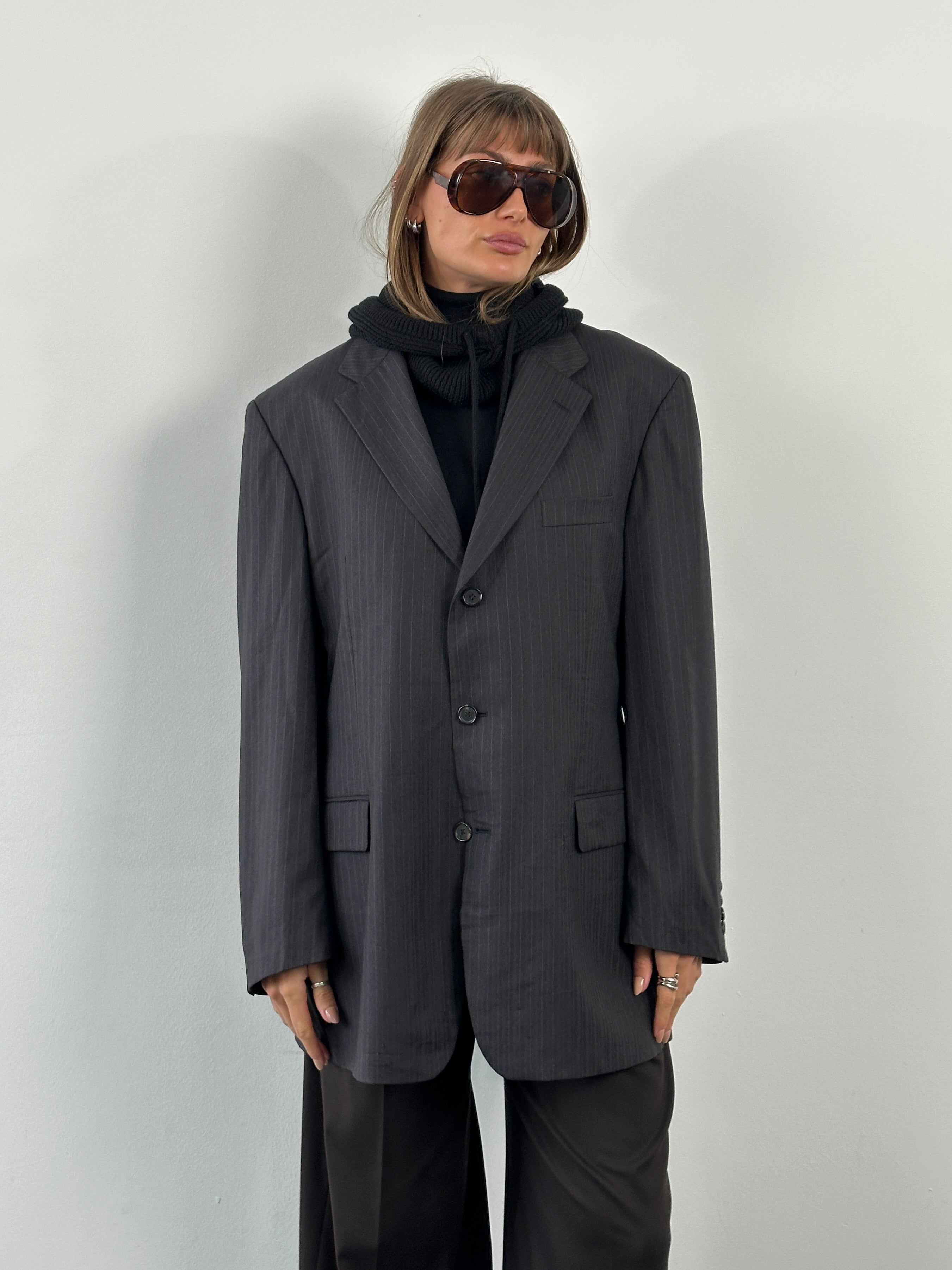 Hugo Boss x Loro Piana 1990s striped pure wool single-breasted blazer in size 38R/M displayed on a hanger.