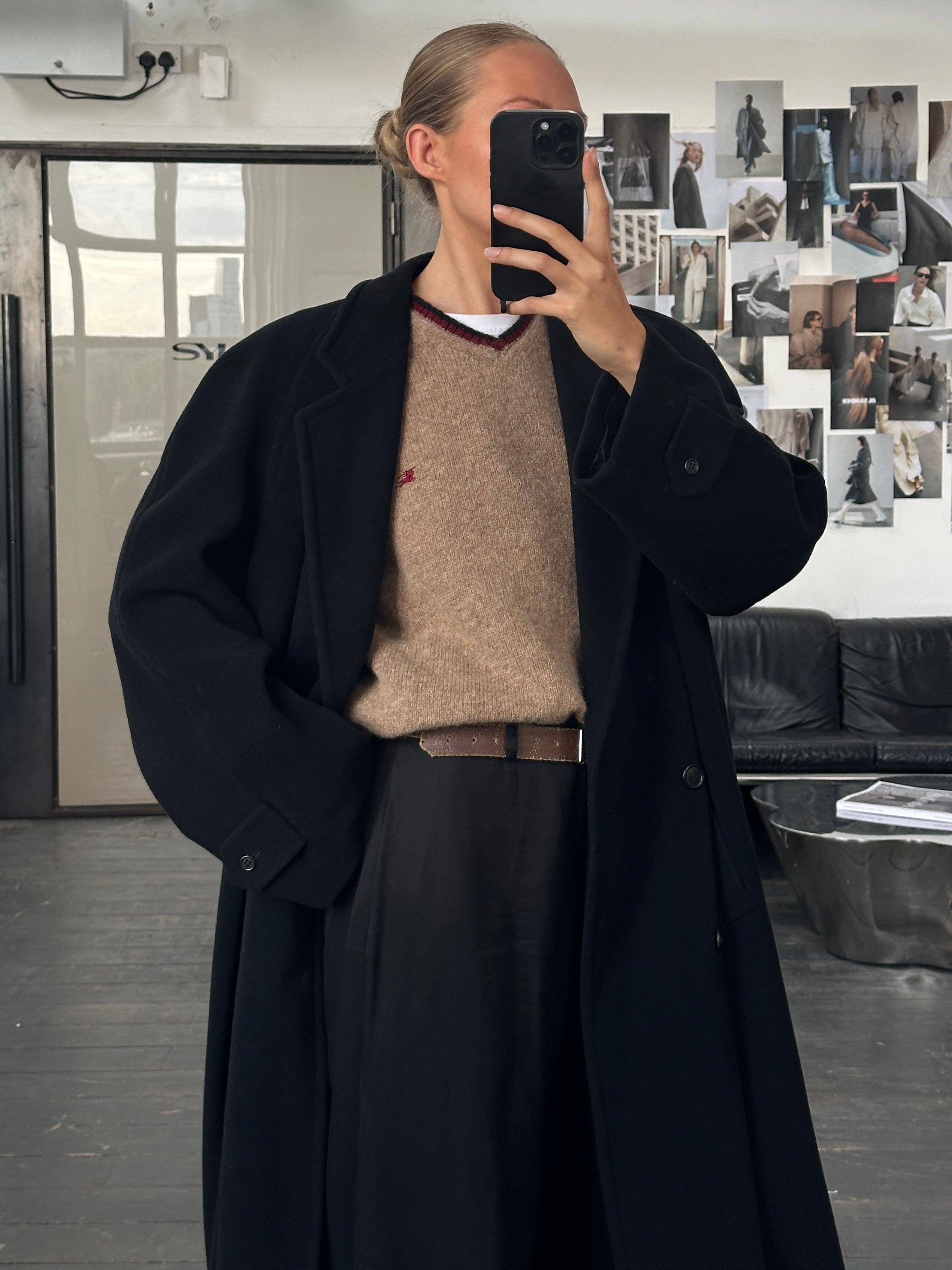 Vintage 1990s wool cashmere double-breasted coat in XL, featuring classic style and warm, textured fabric.