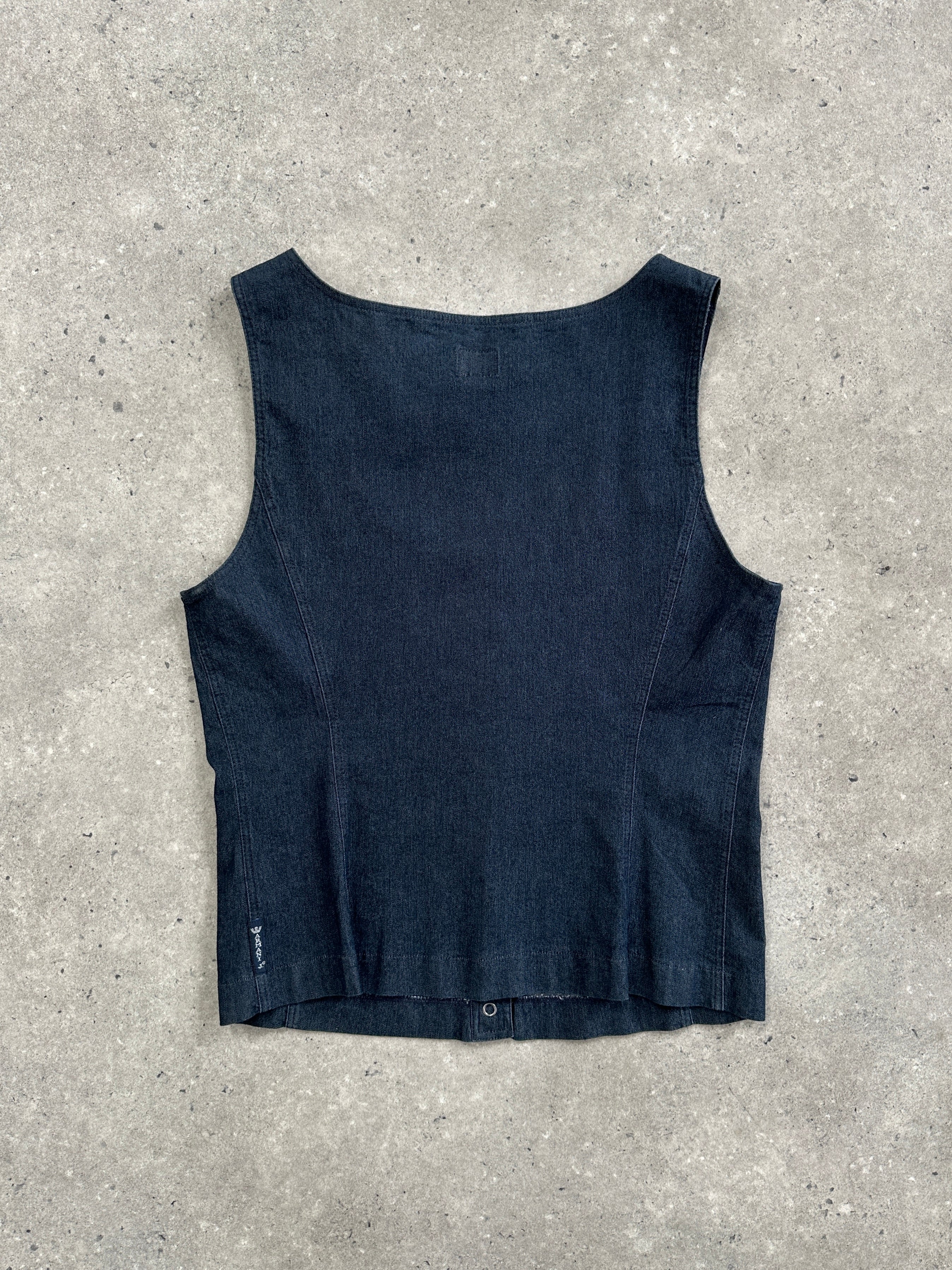 Armani Jeans denim vest top in size S/M, featuring classic blue denim fabric and sleeveless design for casual style.