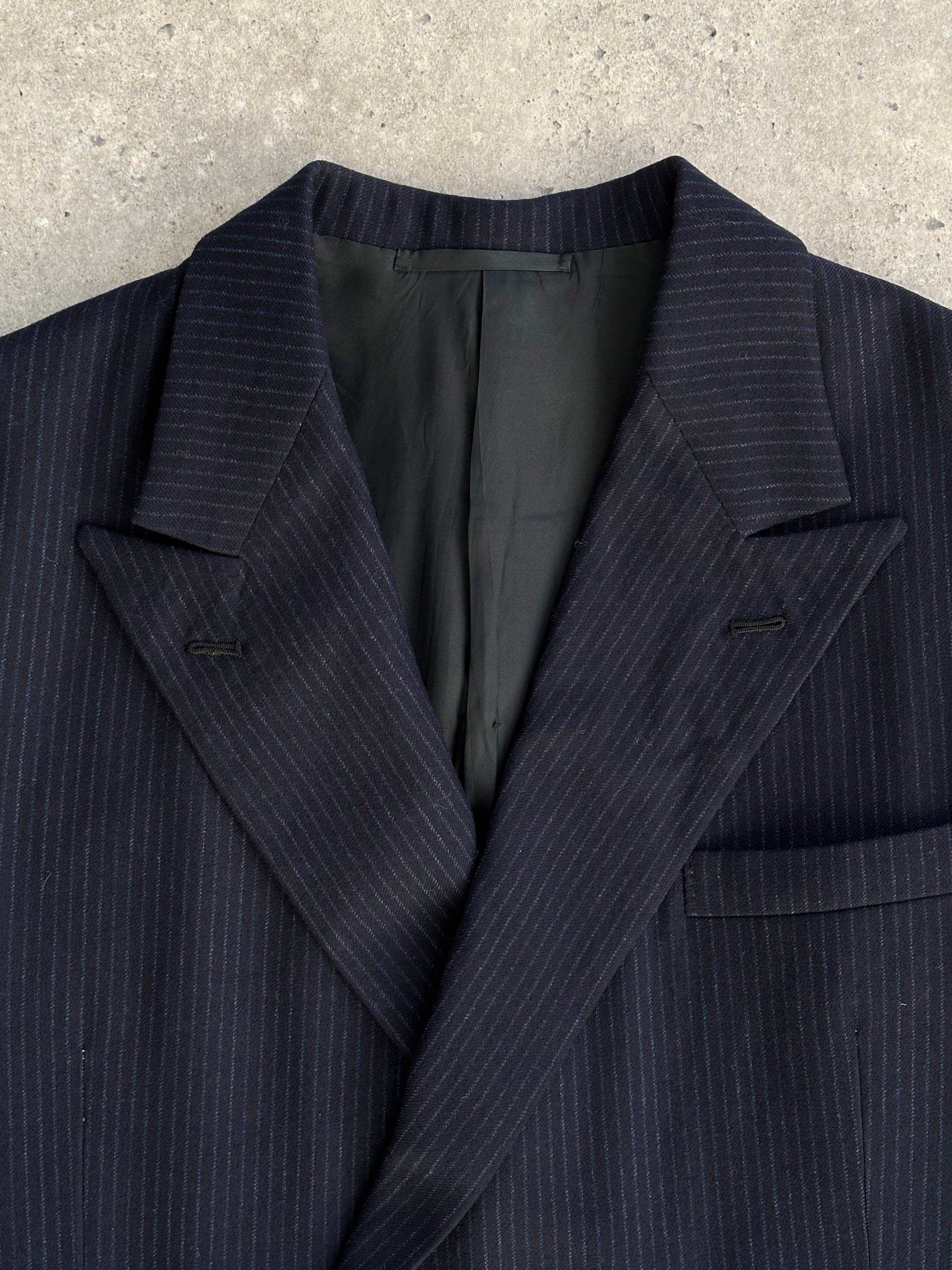 Vintage brushed wool stripe blazer in boxy double-breasted style, size 44R/XL, featuring classic design and tailored fit.