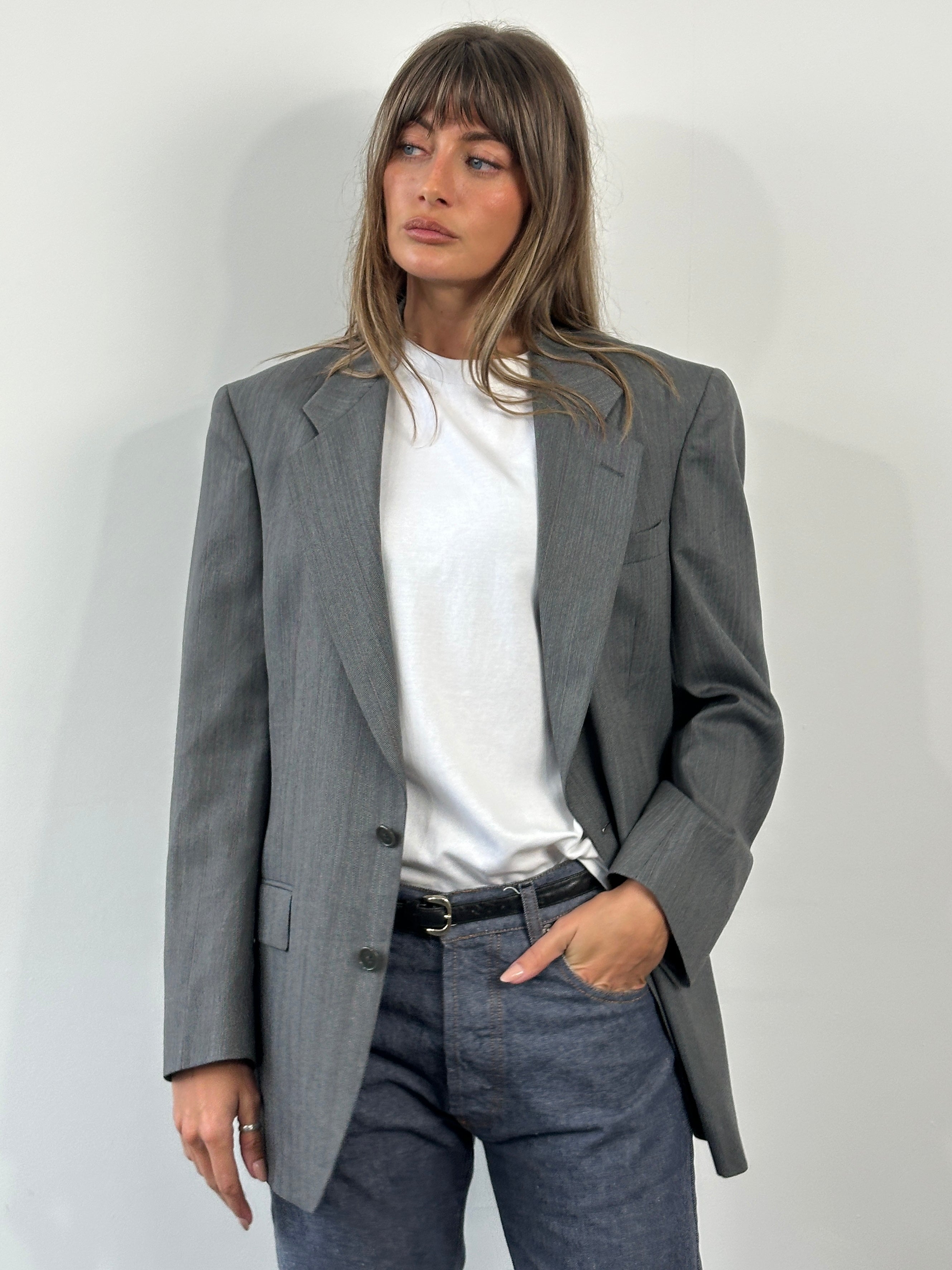 Christian Dior Monsieur 1980s pure wool striped blazer, size 39R/M, featuring classic tailored design and bold stripe pattern.