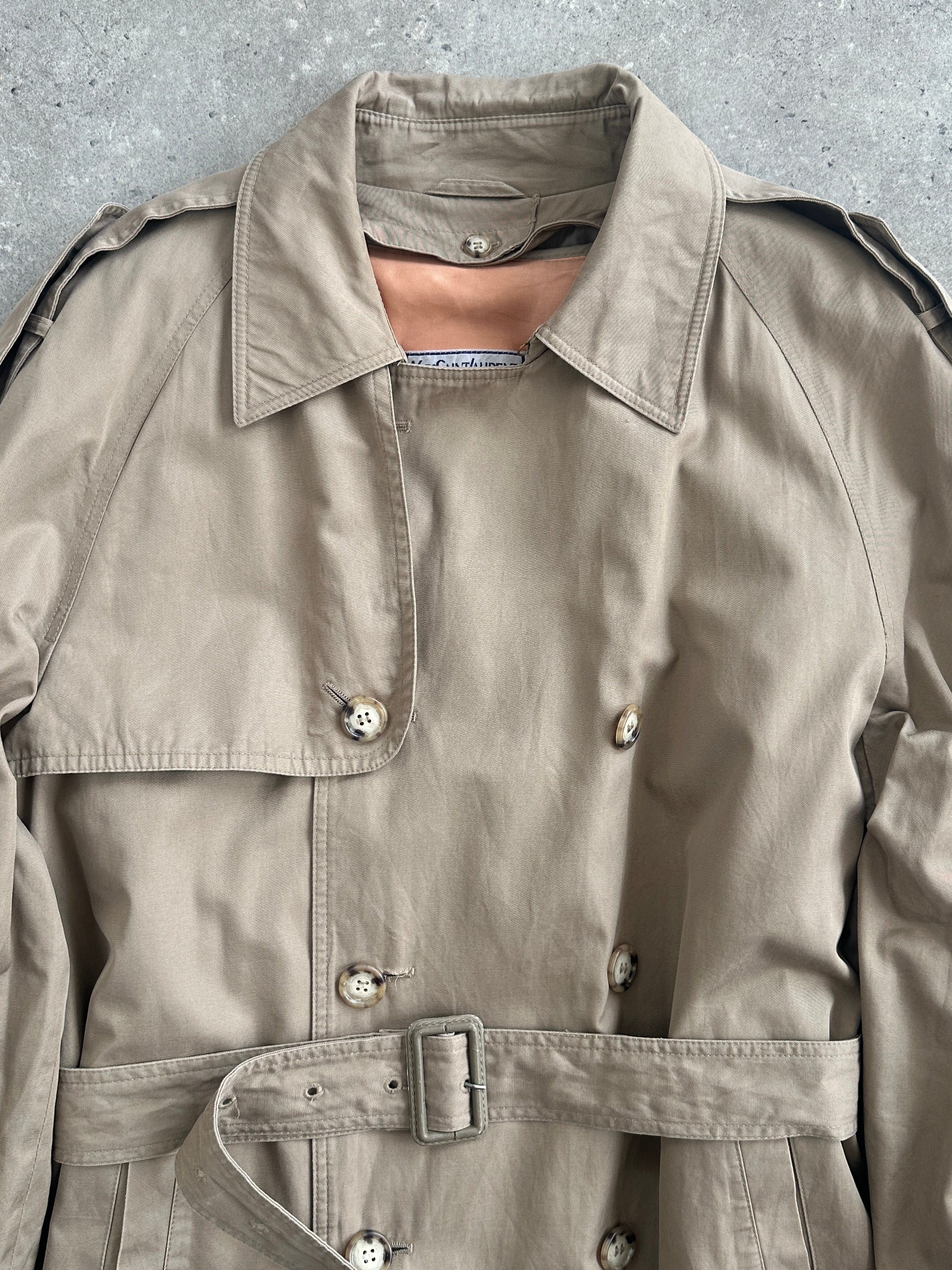 Yves Saint Laurent 80s pure cotton double-breasted belted trench coat in XL, beige color, showing collar and button details.