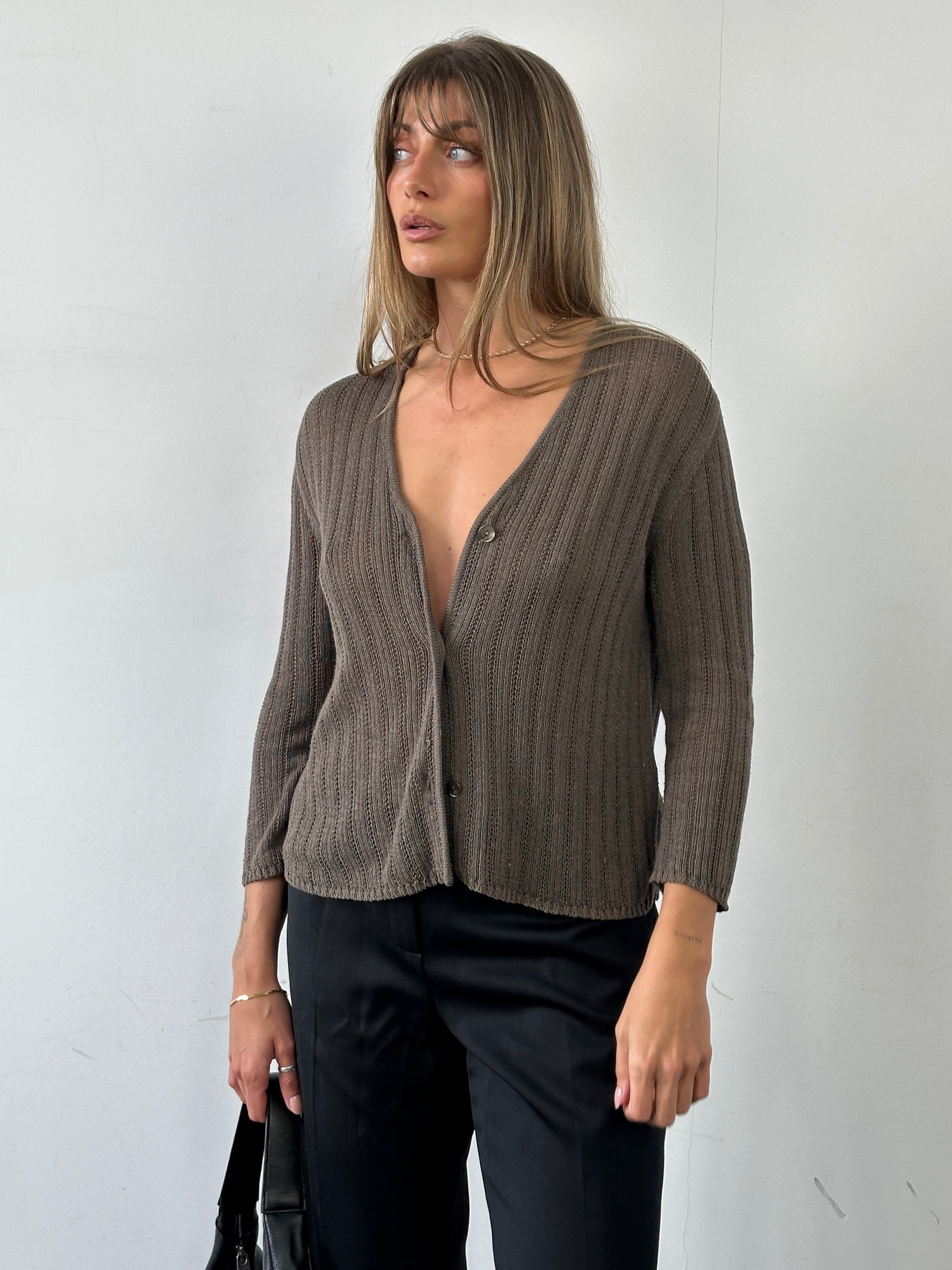 Max Mara knitted crochet cardigan in size M, showcasing a textured design and classic fit, perfect for layered style.