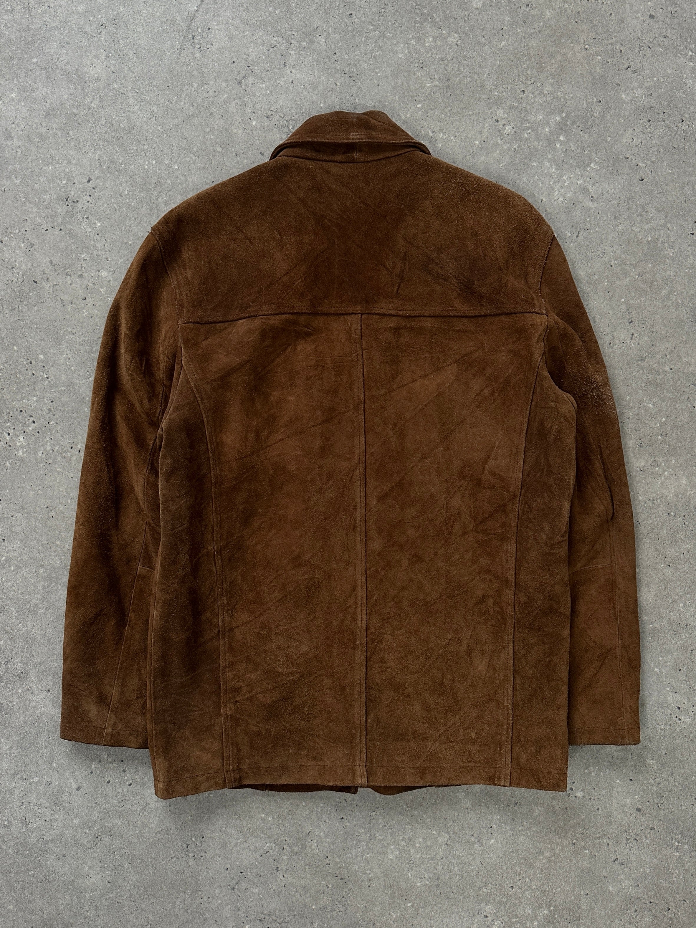 Vintage 1990s suede leather jacket in size L, featuring classic design and soft brown suede material.