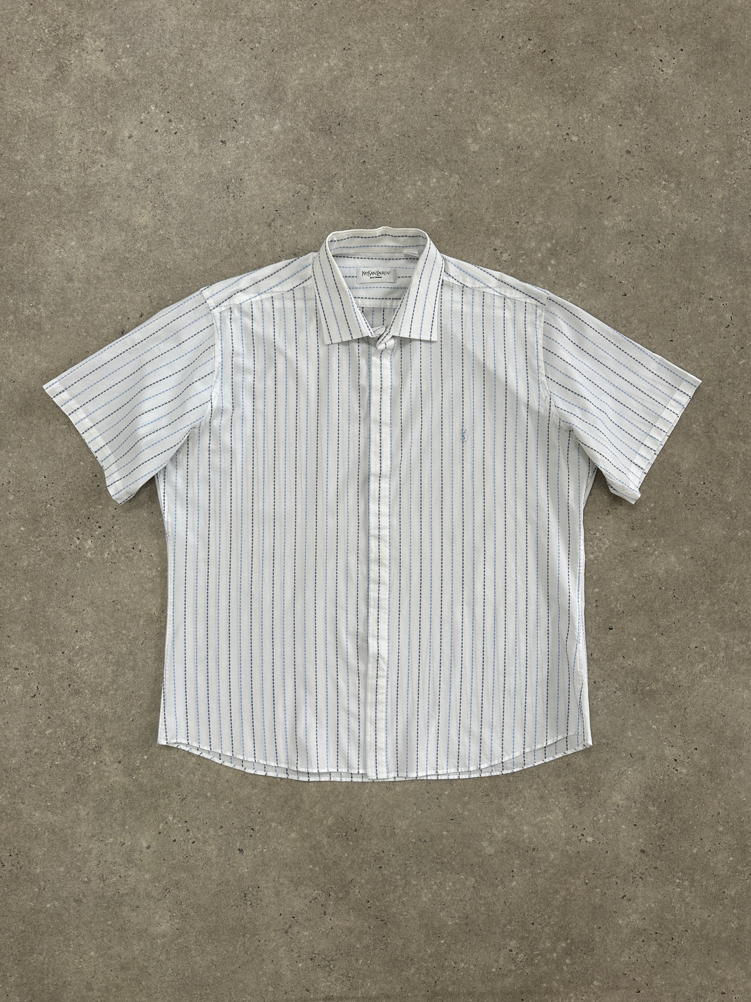 Yves Saint Laurent Pour Homme 2000s cotton check short sleeve logo shirt in size large, featuring a classic check pattern and logo embroidery.