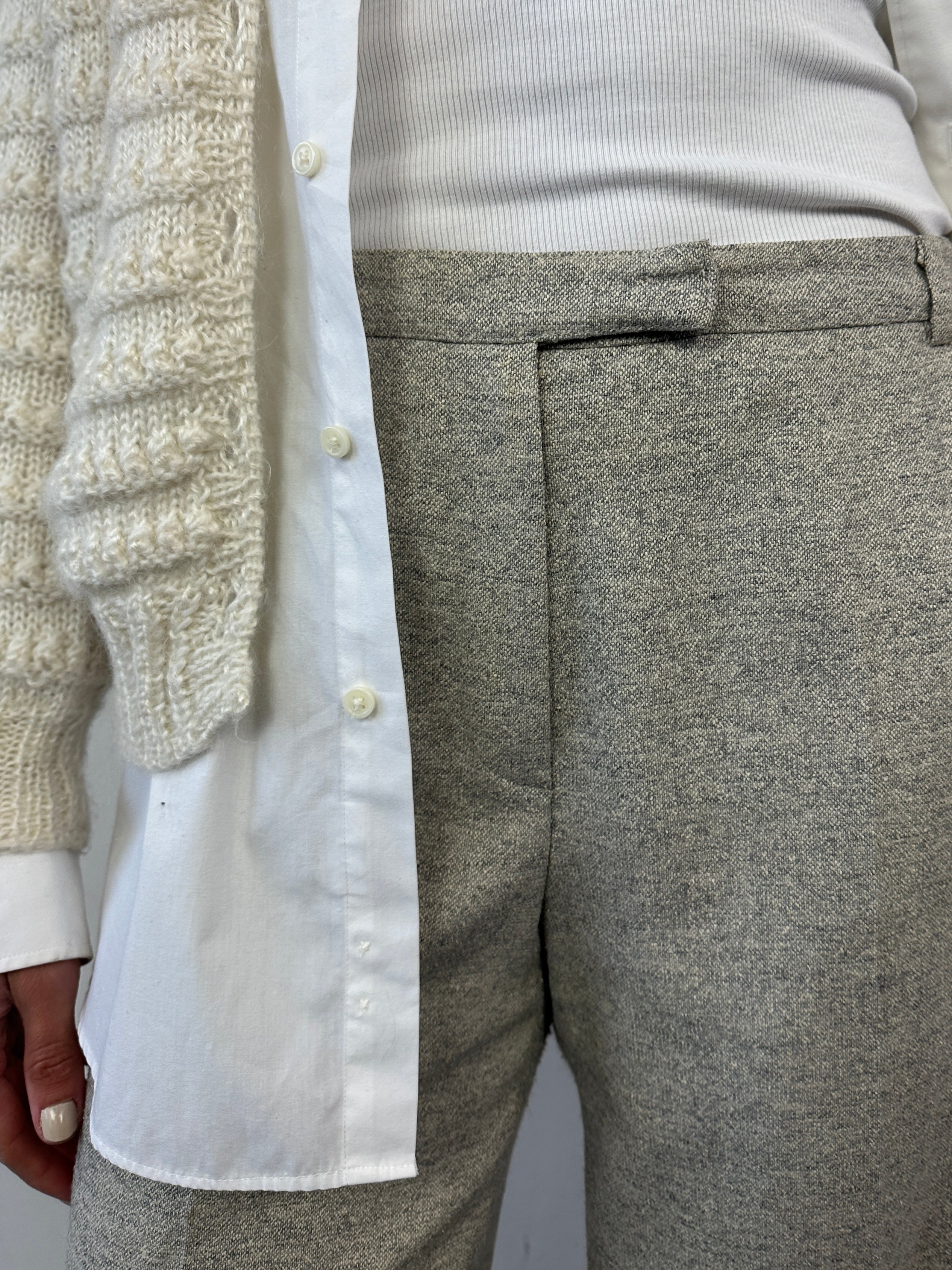 Jaeger wool silk mid-waist straight leg trousers in beige, shown flat with waistband and tailored fit.