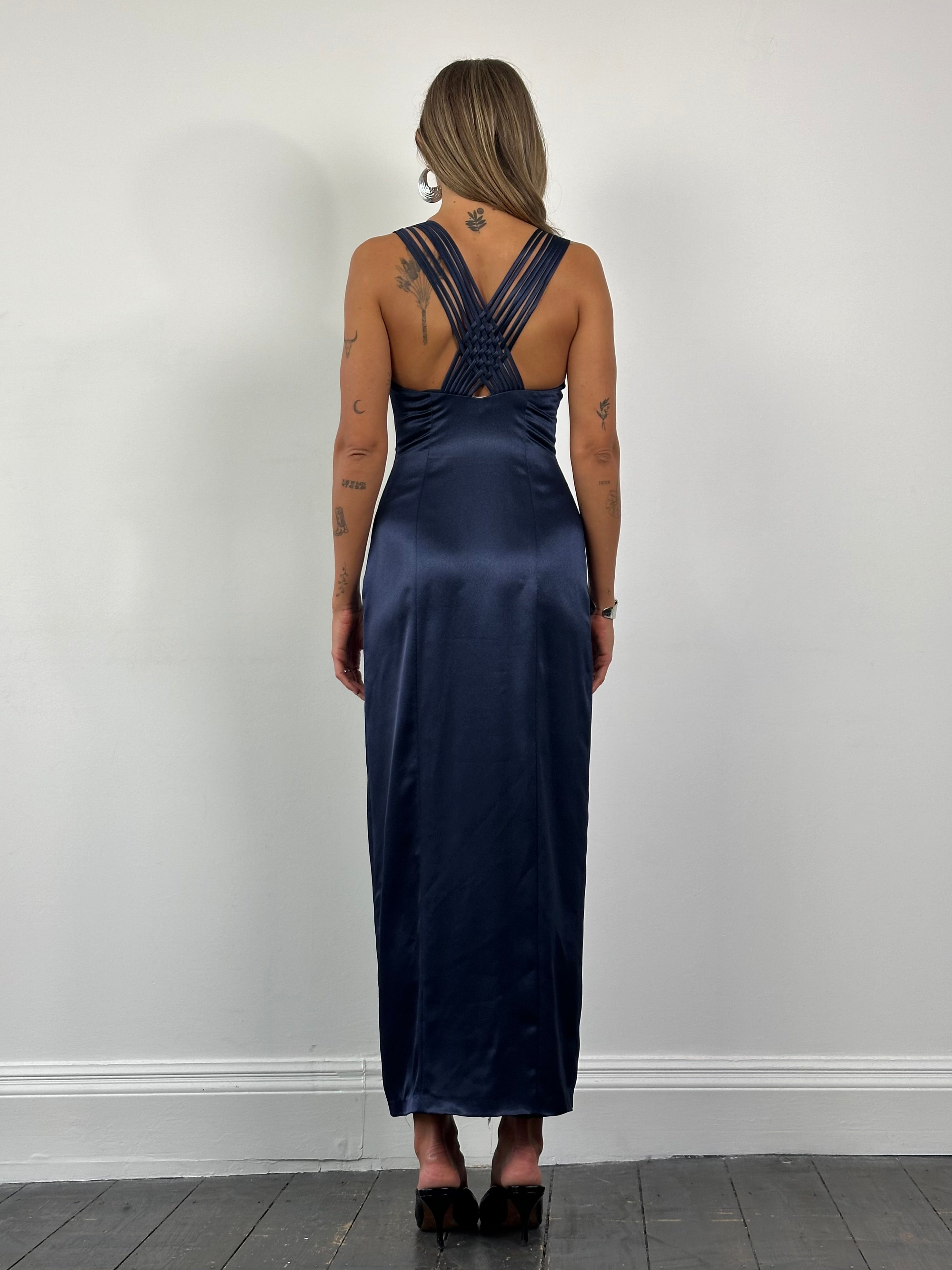 Vintage cross back satin maxi dress in size small, featuring elegant draped fabric and a flowing silhouette.