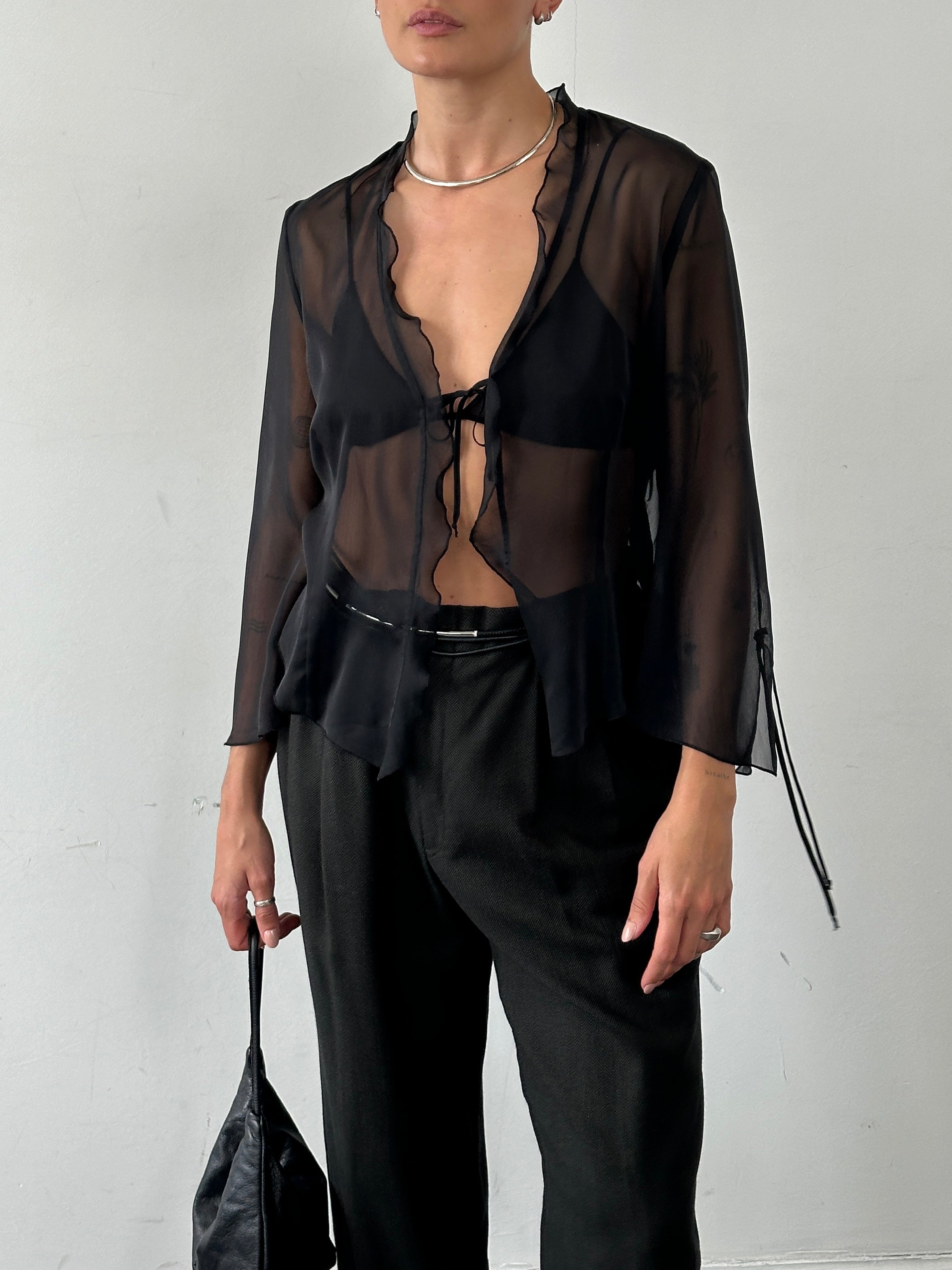 Vintage sheer tie-front cardigan top in size M, lightweight with a delicate, see-through fabric and a stylish front tie detail.
