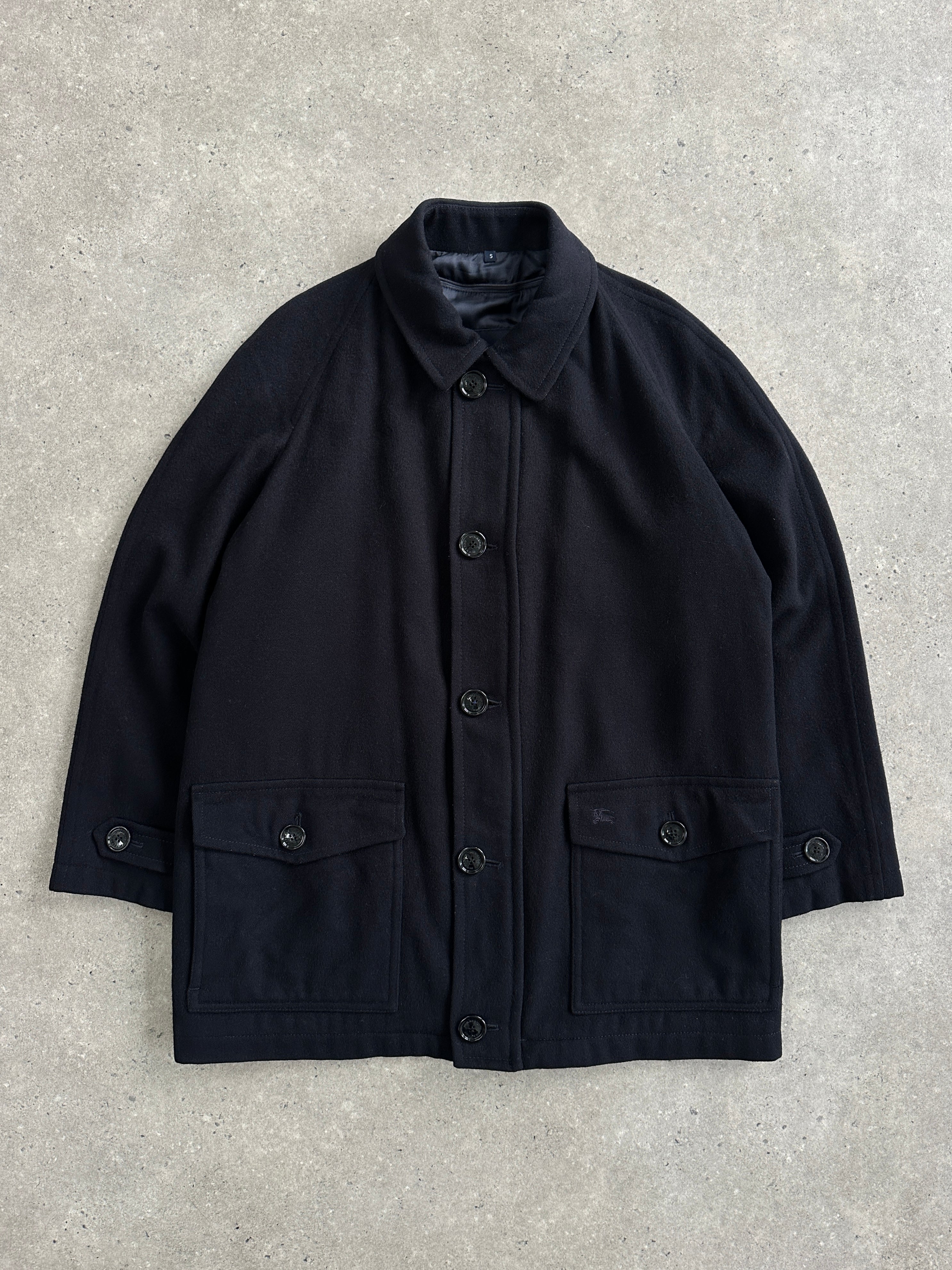 Burberry London 1990s wool single-breasted logo coat in size L/XL, featuring classic design and signature check pattern.