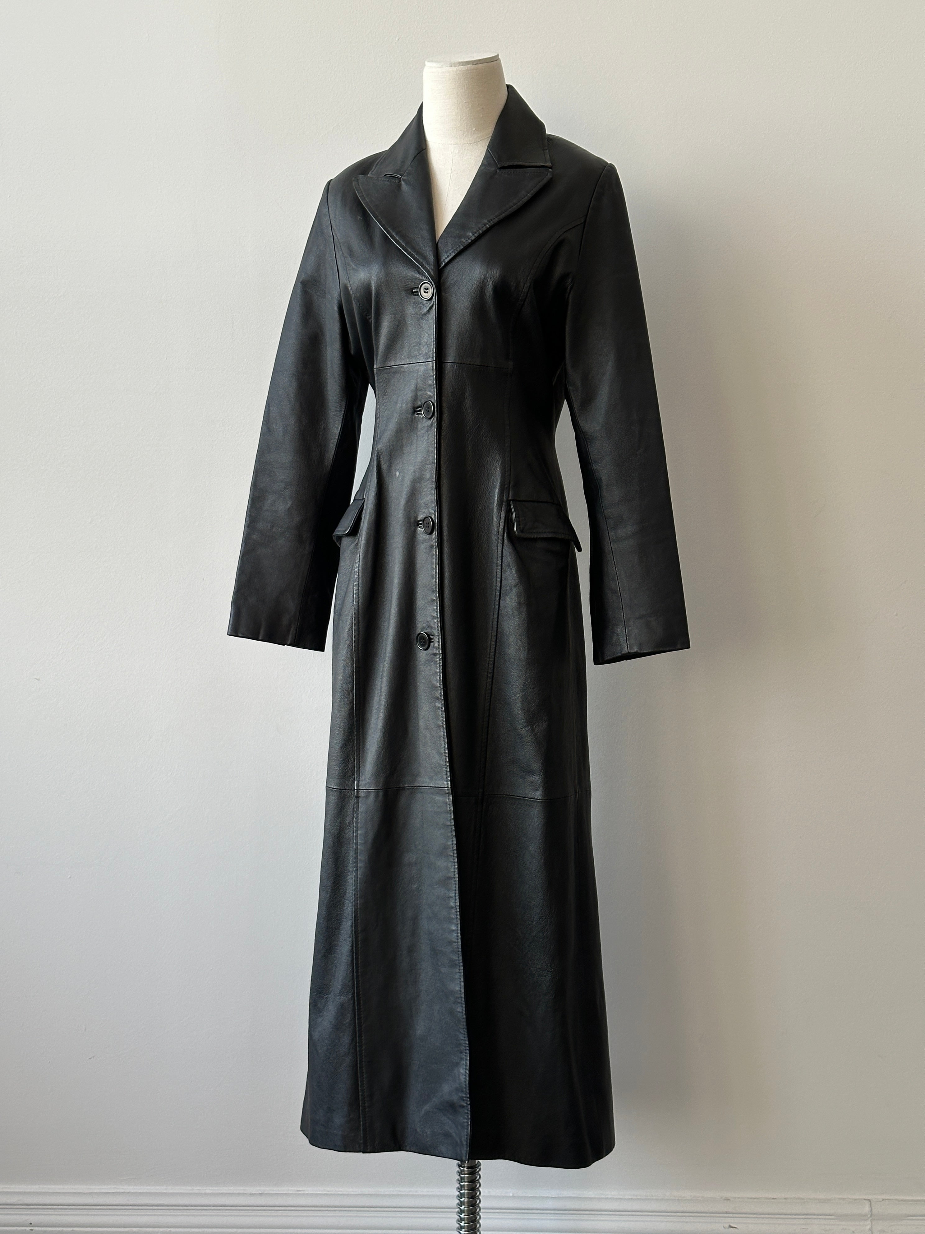 Vintage 1990s Leather Floor Length Trench Coat - S