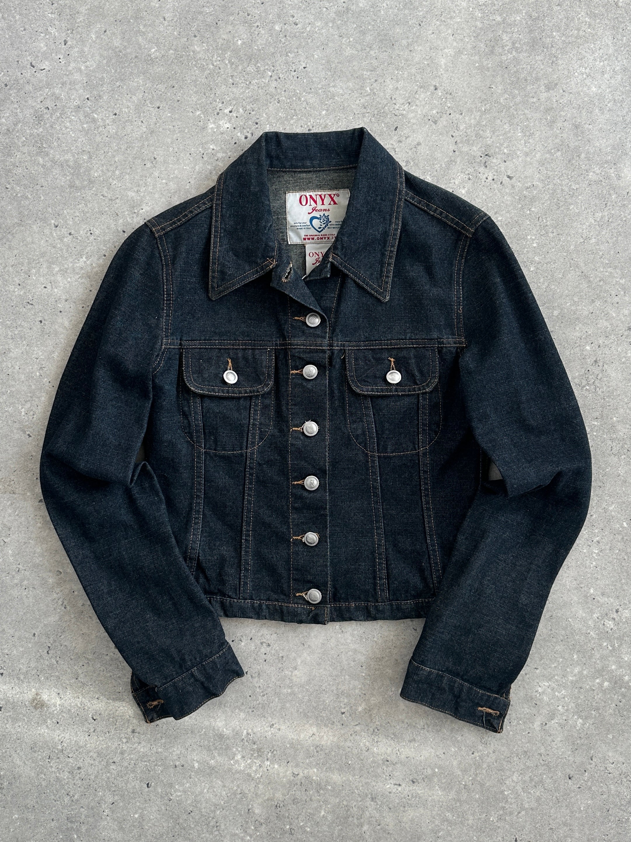Italian vintage fitted raw denim jacket in XS/S size, stylish and classic with durable denim fabric and authentic design.