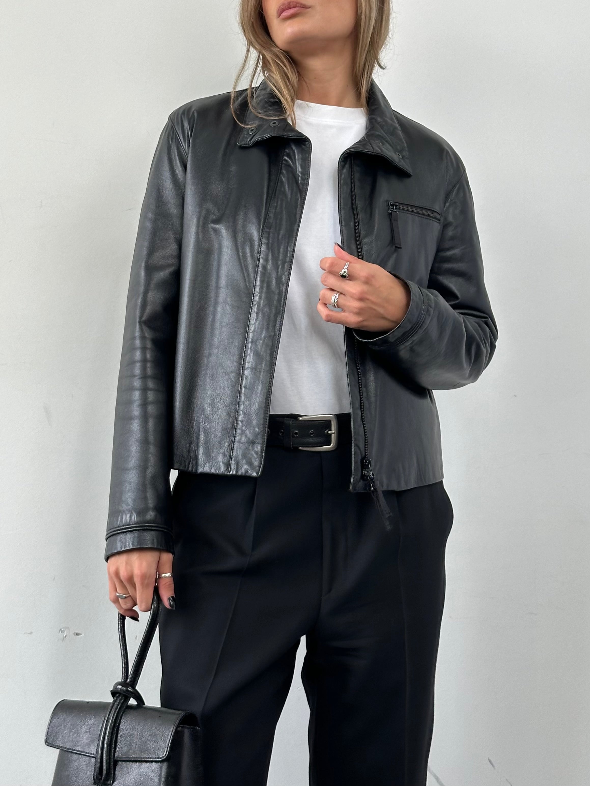 Armani Jeans double zip leather jacket in black, featuring a stylish design with multiple zippers and a classic fit.
