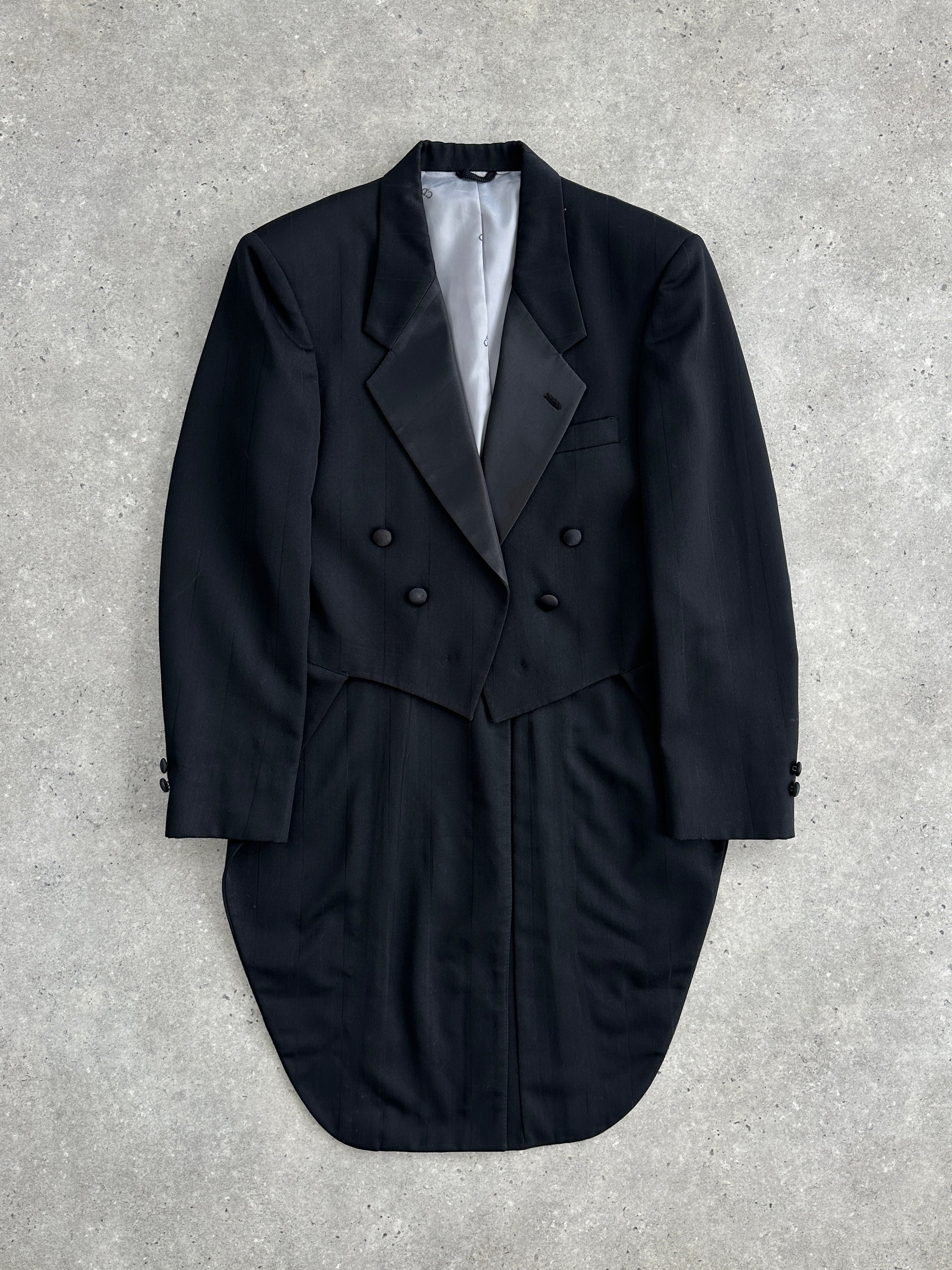 Christian Dior Monsieur 80s double-breasted tuxedo tailcoat blazer, tailored fit, classic black with satin lapel details.