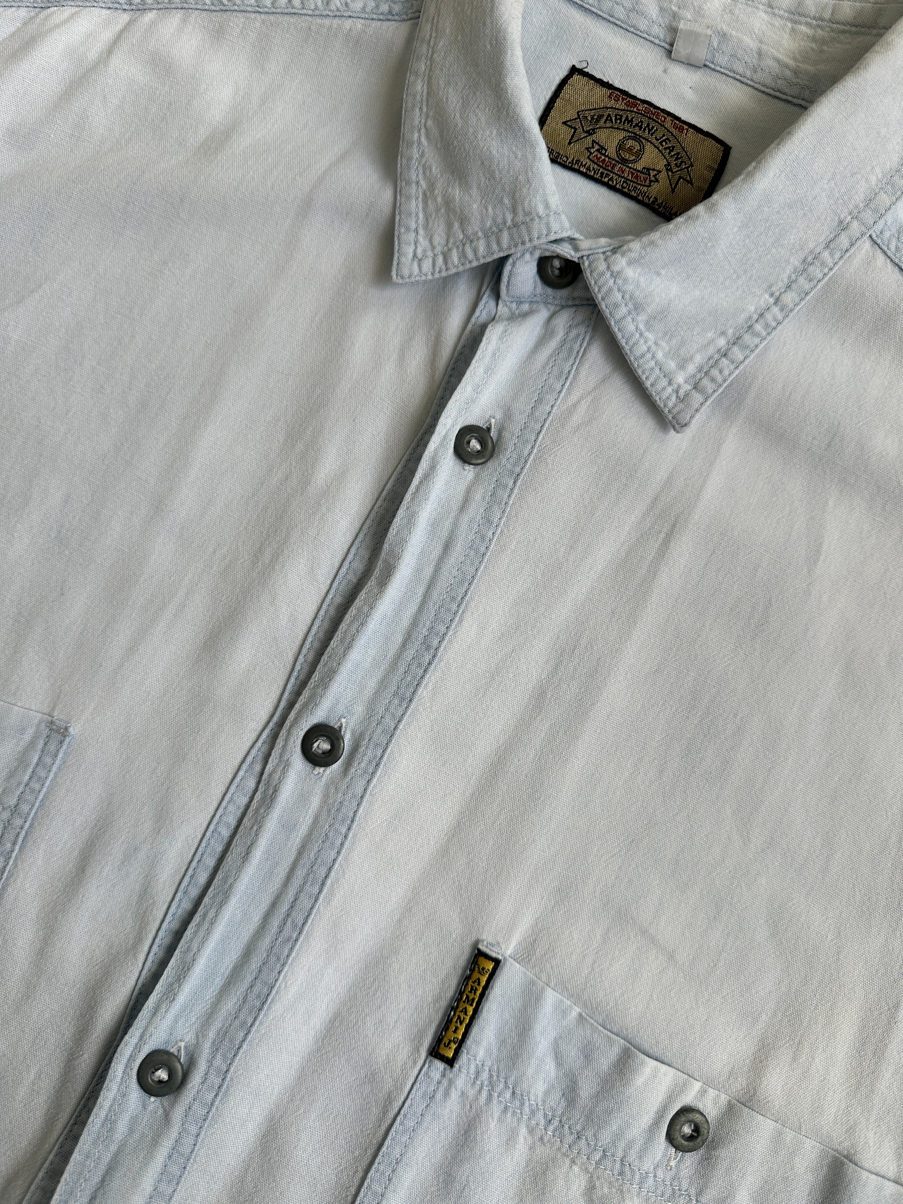 Armani Jeans light wash denim shirt in size XL with classic collar and button front, casual style for men.