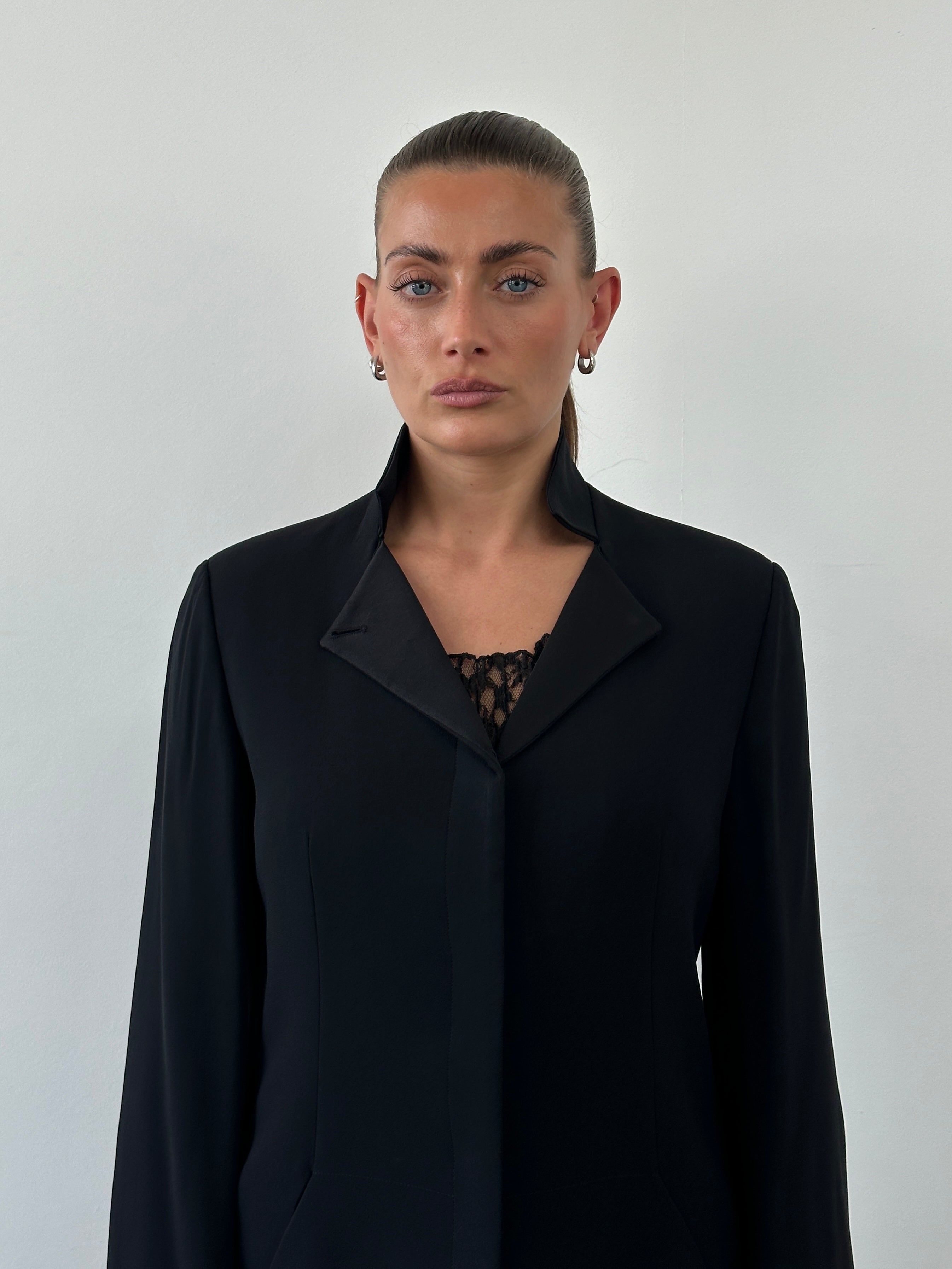Emporio Armani 1990s high-neck tailored blazer jacket in black, featuring a structured fit and elegant design.