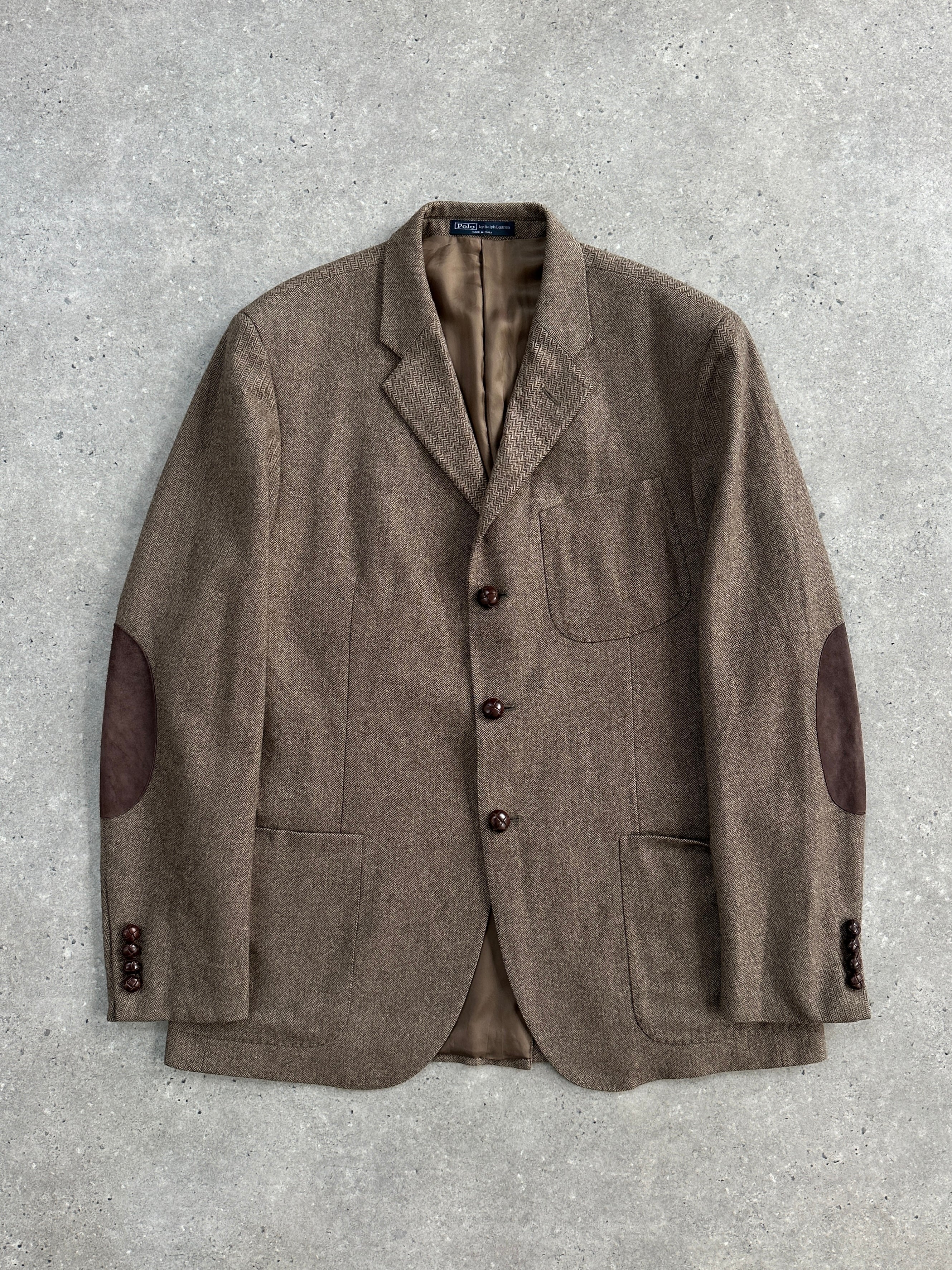 Ralph Lauren Polo 2010s pure wool herringbone blazer in size 44R/XL, featuring classic tailored fit and herringbone pattern.