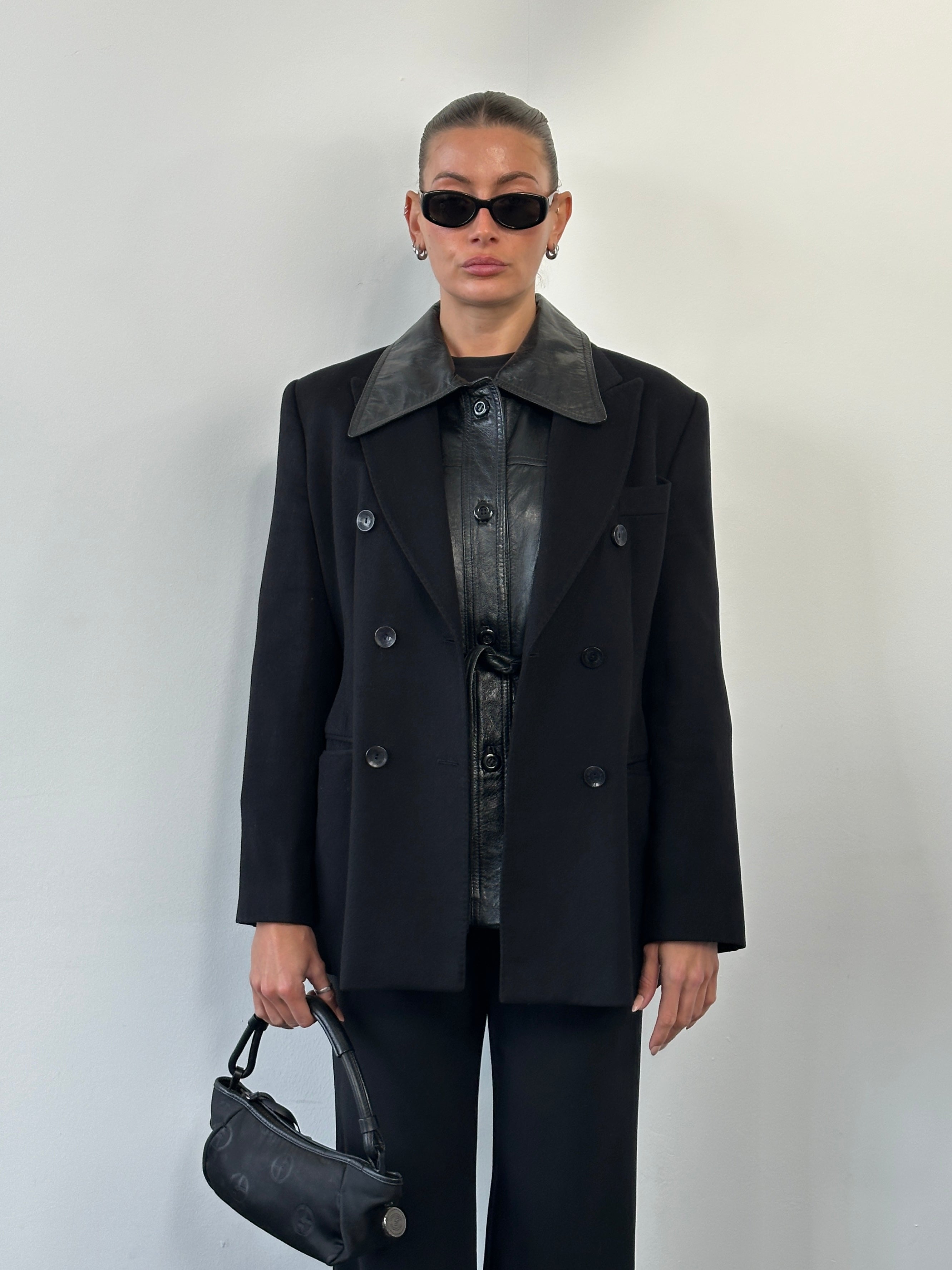 Gianfranco Ferre 1990s wool cashmere double-breasted blazer in size M, tailored fit with classic lapels and textured fabric.
