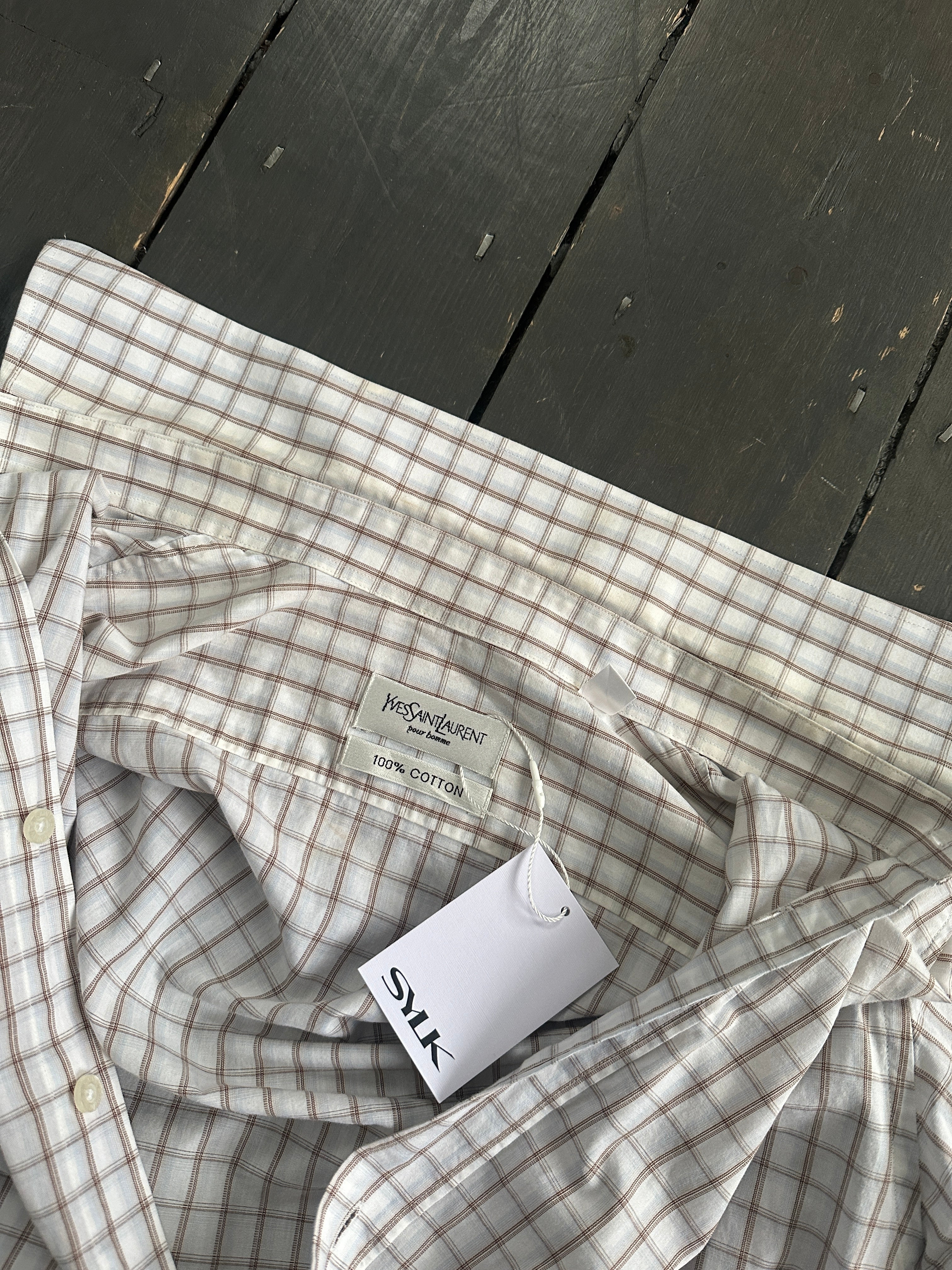 Yves Saint Laurent Pour Homme check pure cotton logo shirt in size L, featuring a classic check pattern and YSL branding.