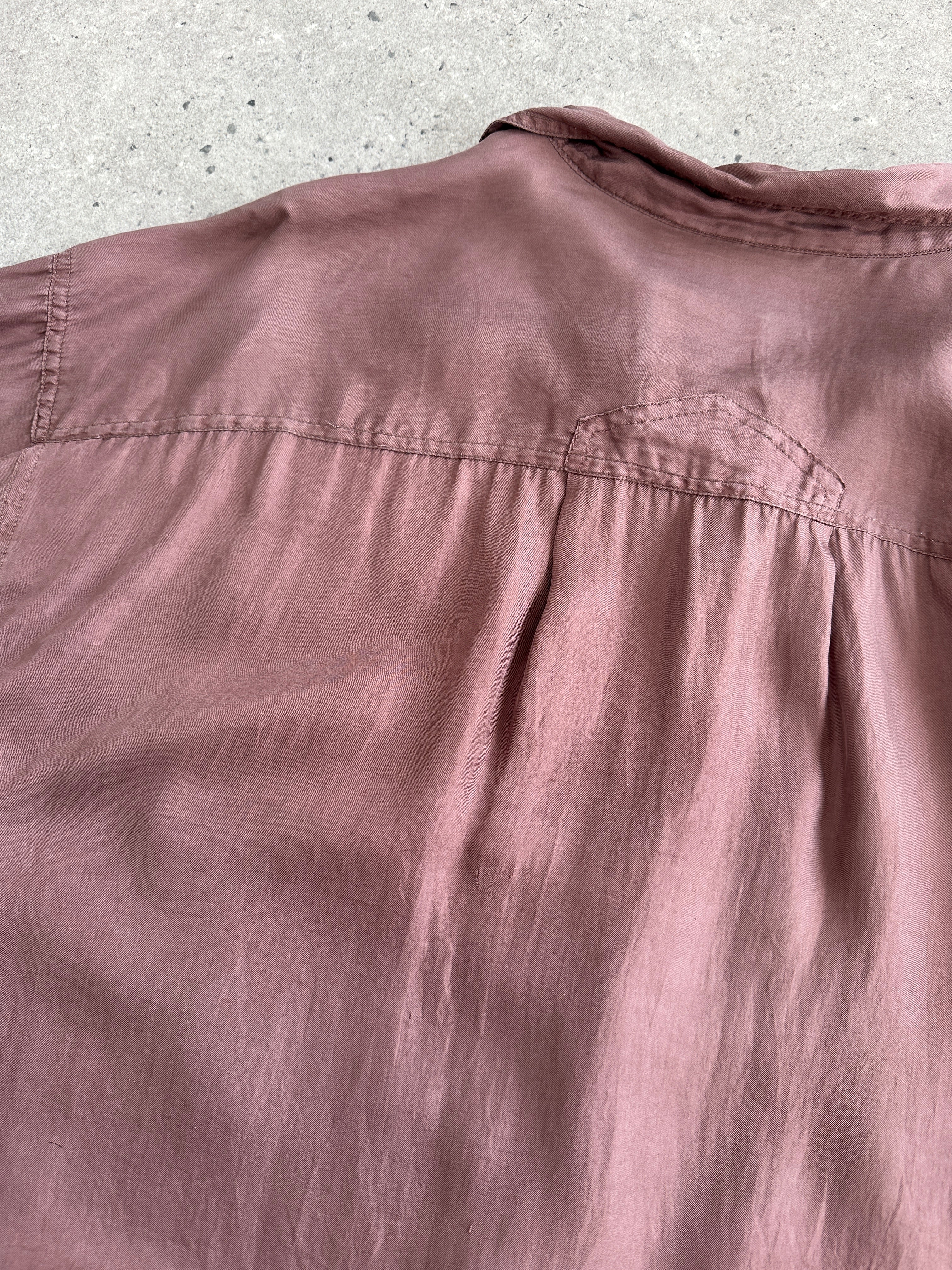 Vintage 90s pure silk shirt in XL size, featuring a classic design and smooth fabric, displayed on a hanger.