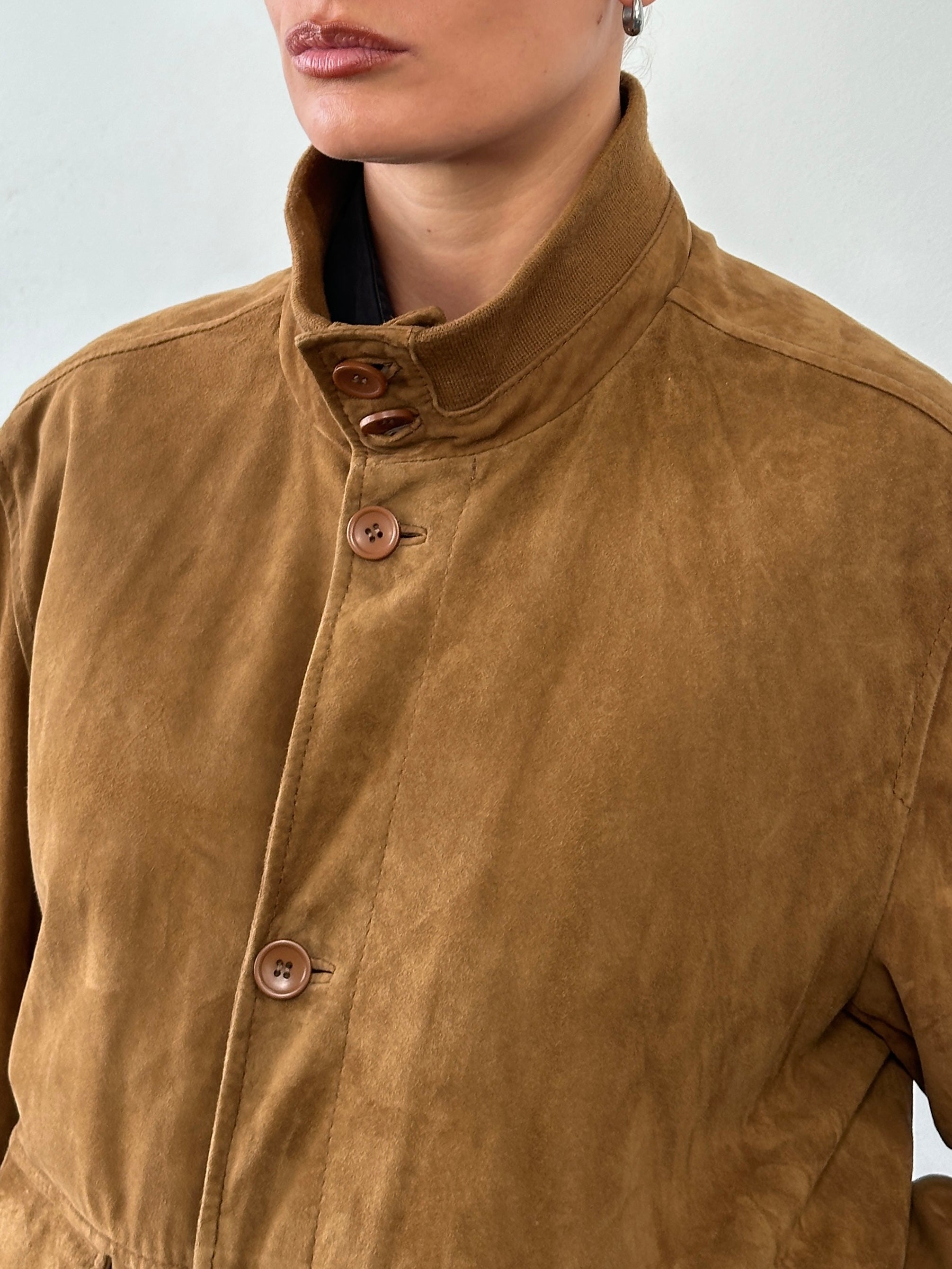 ARMA suede bomber jacket in size large, featuring a classic design with a smooth suede finish and ribbed cuffs and collar.