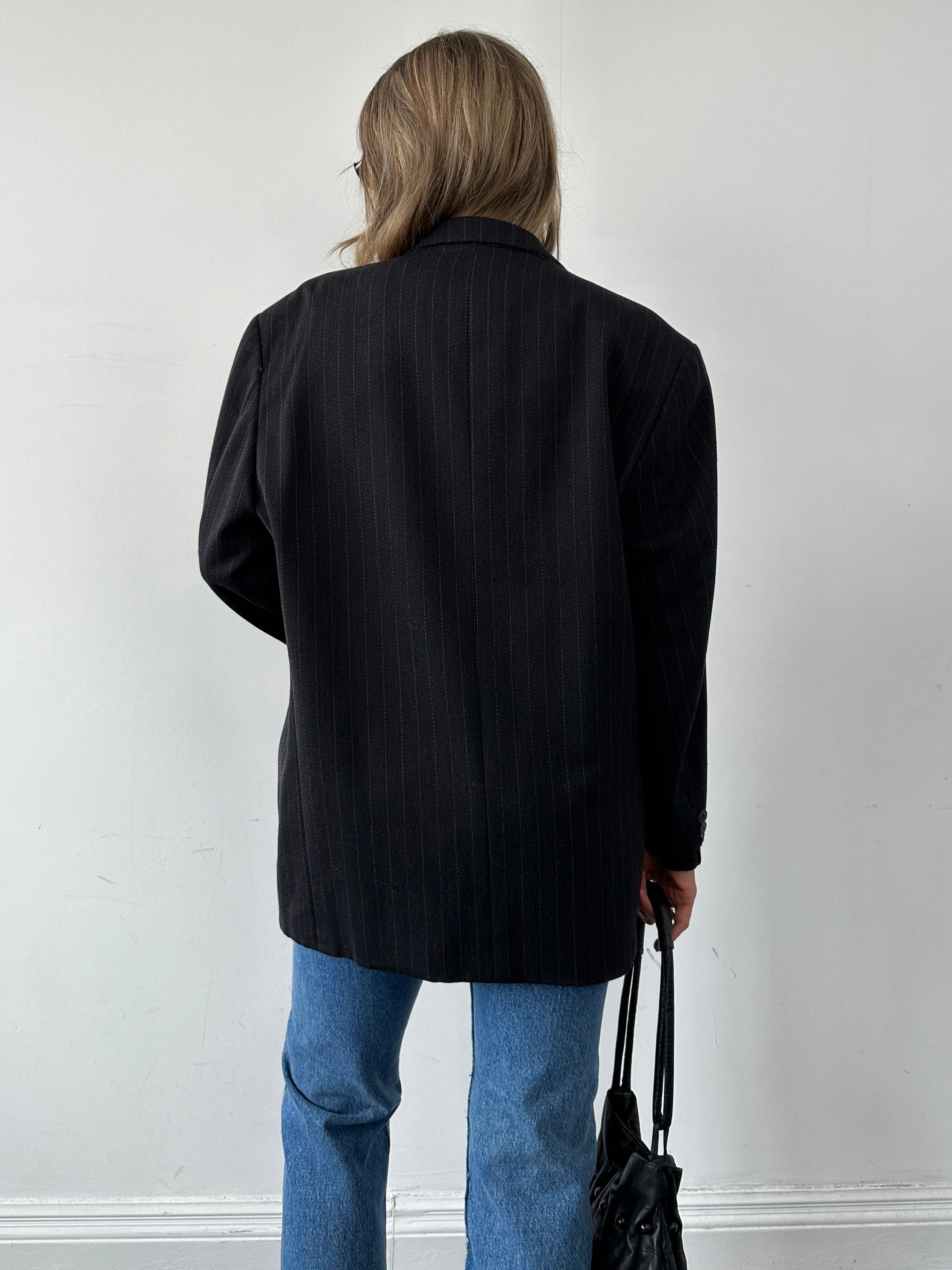 Kenzo wool pinstripe blazer in size 44R, single-breasted design with classic lapels and tailored fit.