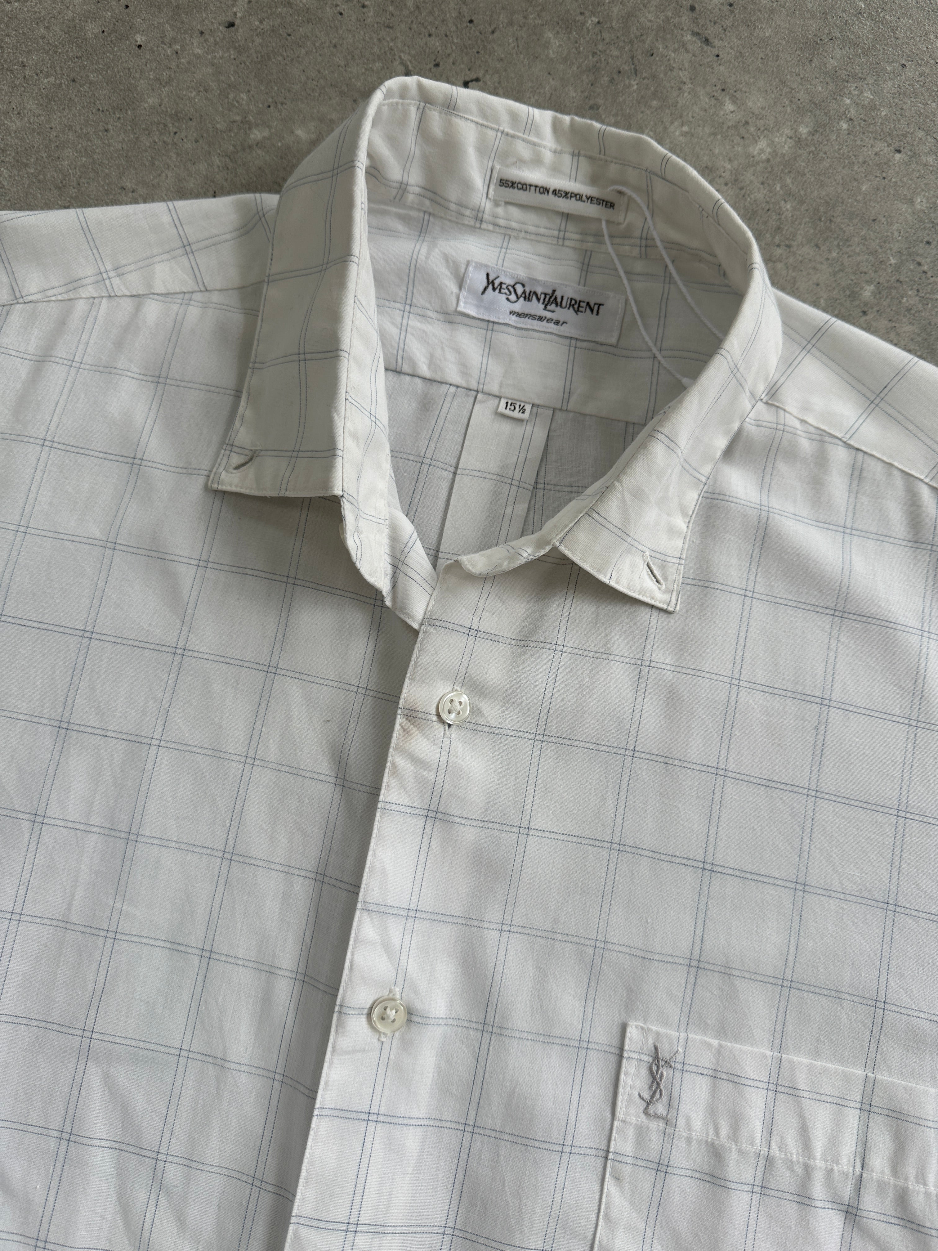 Yves Saint Laurent cotton check logo shirt in size M, featuring a classic check pattern and the YSL logo on the chest.