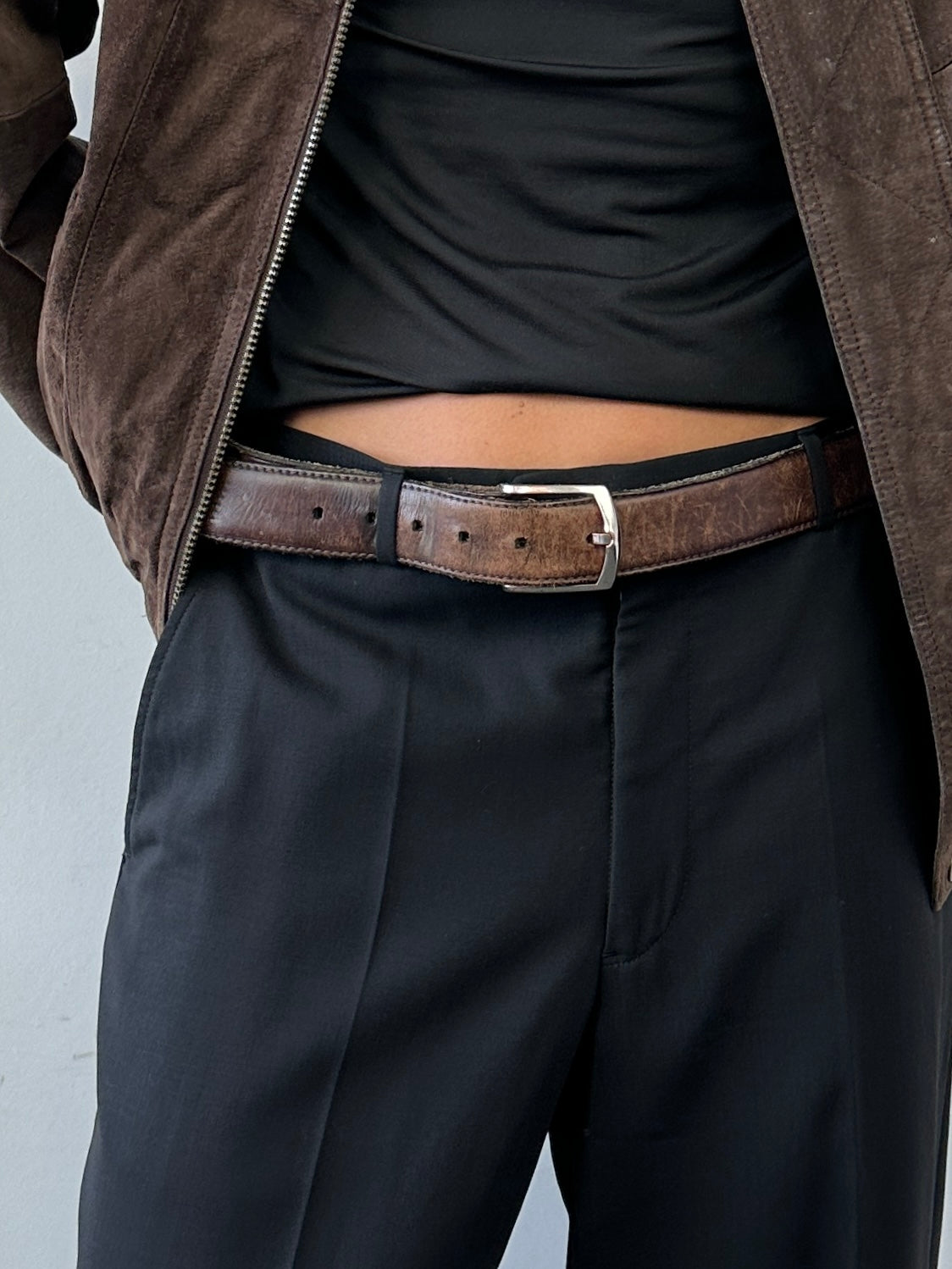 Vintage distressed leather belt in W37-41, showcasing rugged texture and classic design.