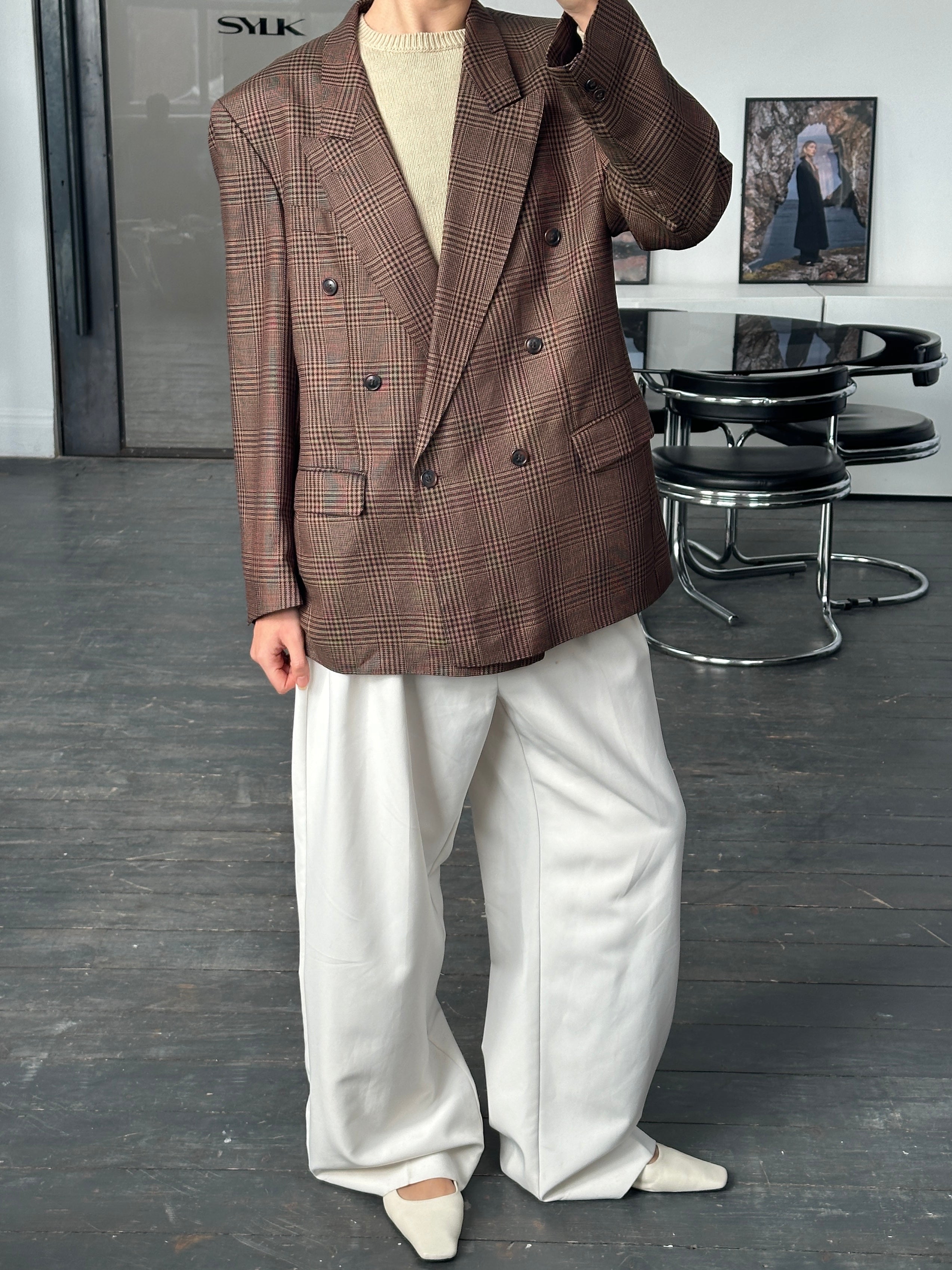 Yves Saint Laurent Diffusion Hommes 1980s check wool blazer, size 42R/XL, featuring classic tailored fit and vintage plaid pattern.