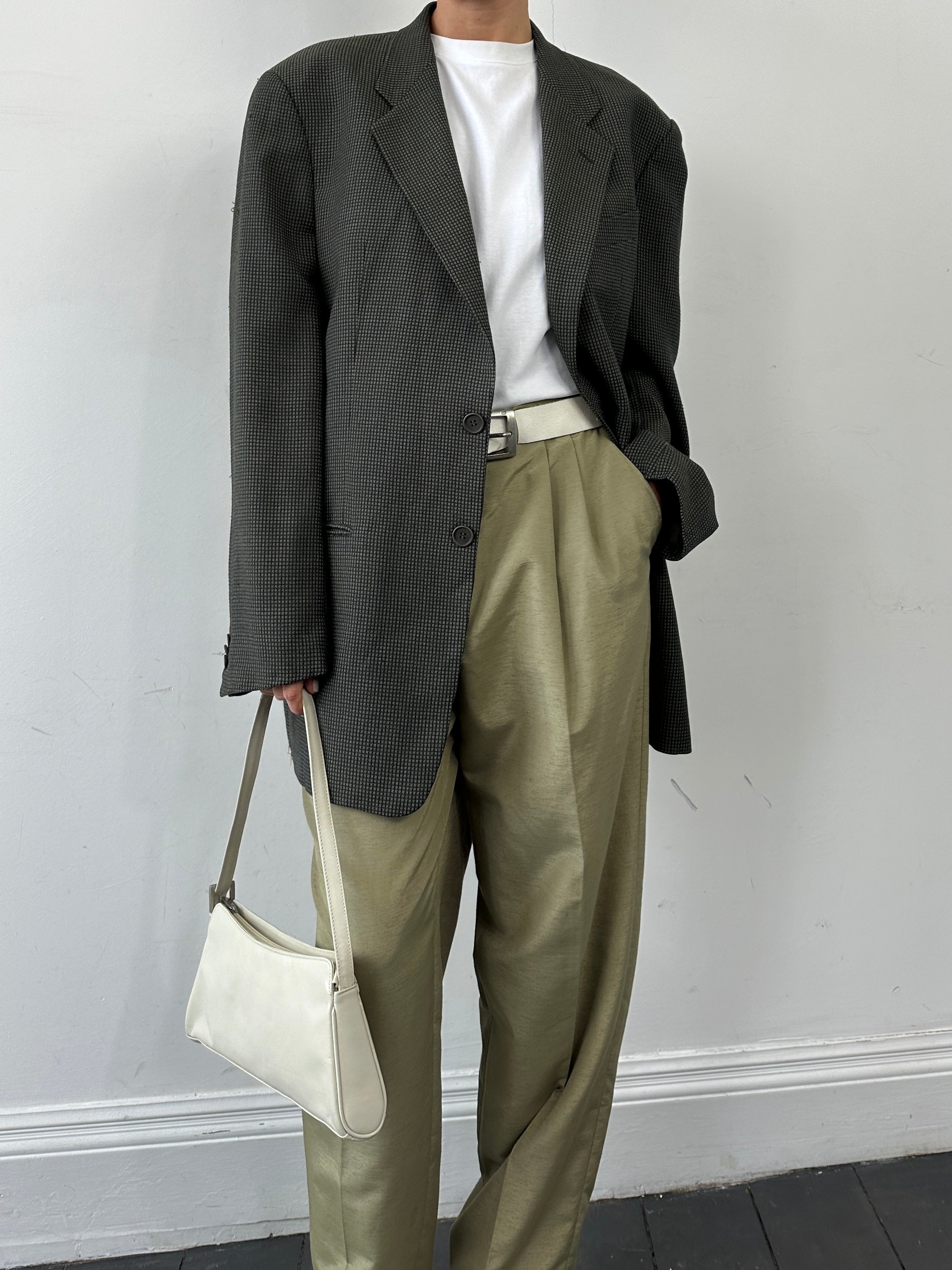 Vintage linen blend satin high-waisted straight-leg pleated trousers with tailored fit, shown on a neutral background.