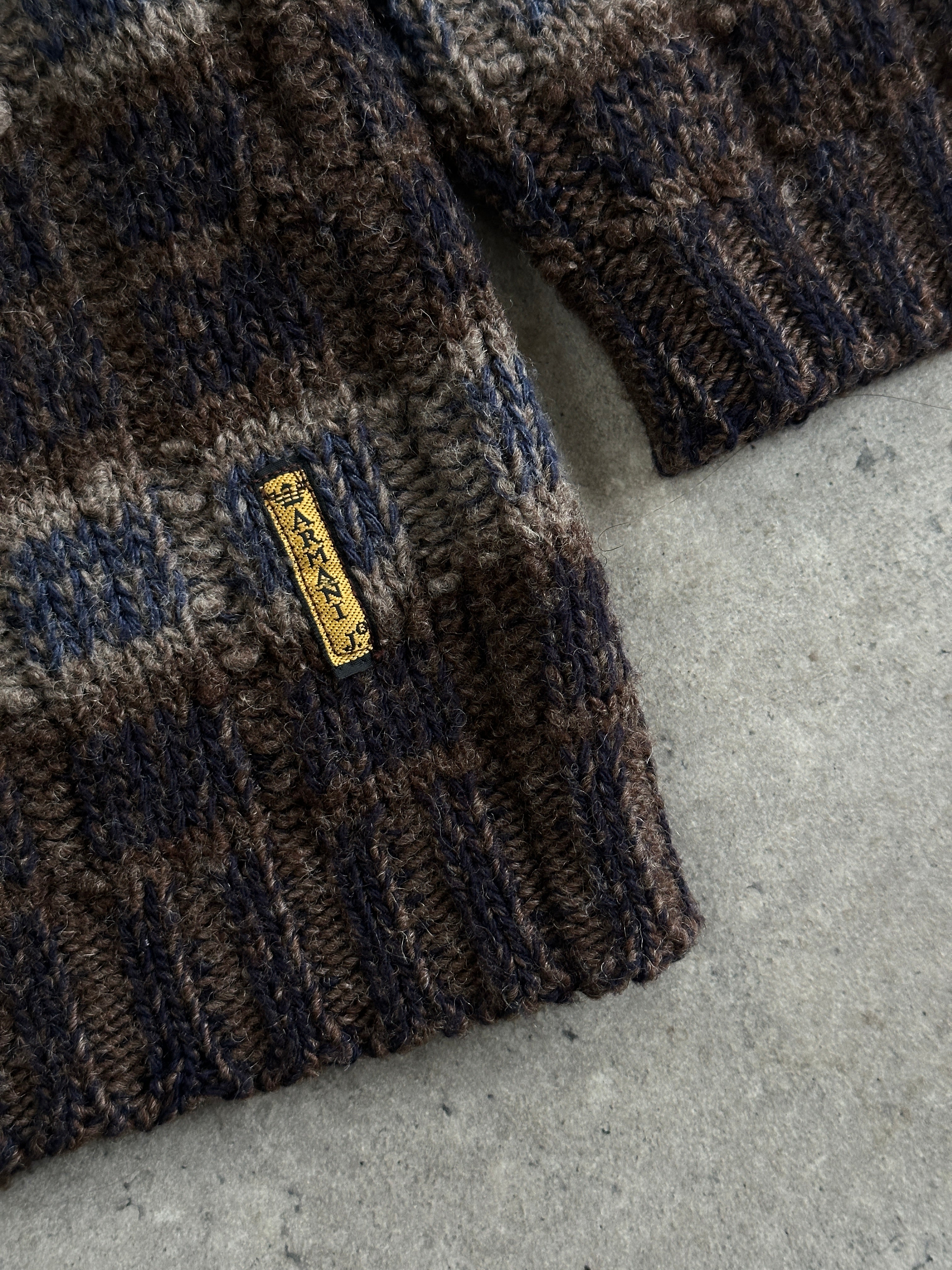 Armani Jeans 1990s wool check knitted jumper in XL, featuring a classic plaid pattern and cozy knit fabric.