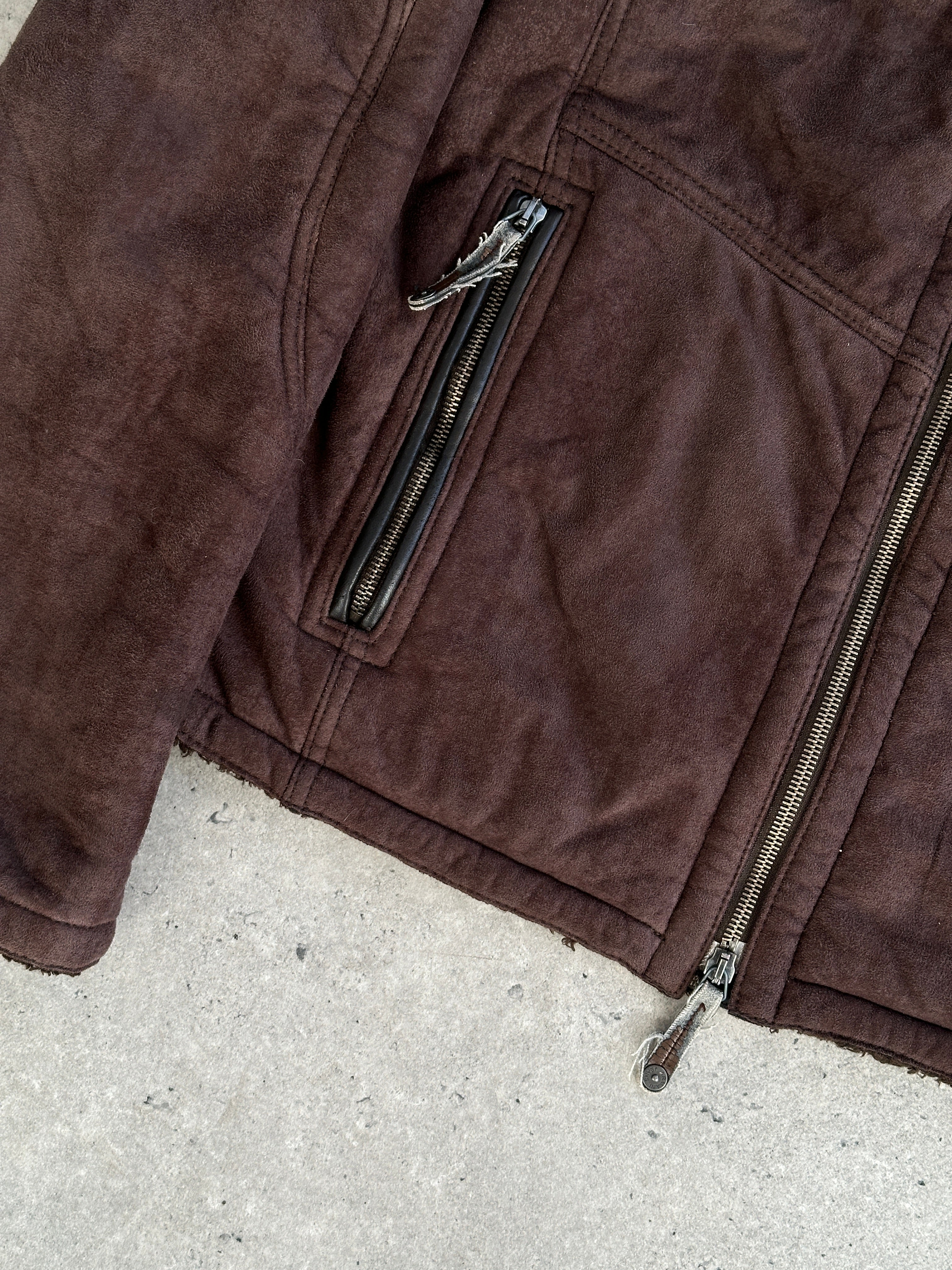 Armani Jeans double zip faux suede jacket in black, featuring a stylish design and multiple zipper details, size M/L.
