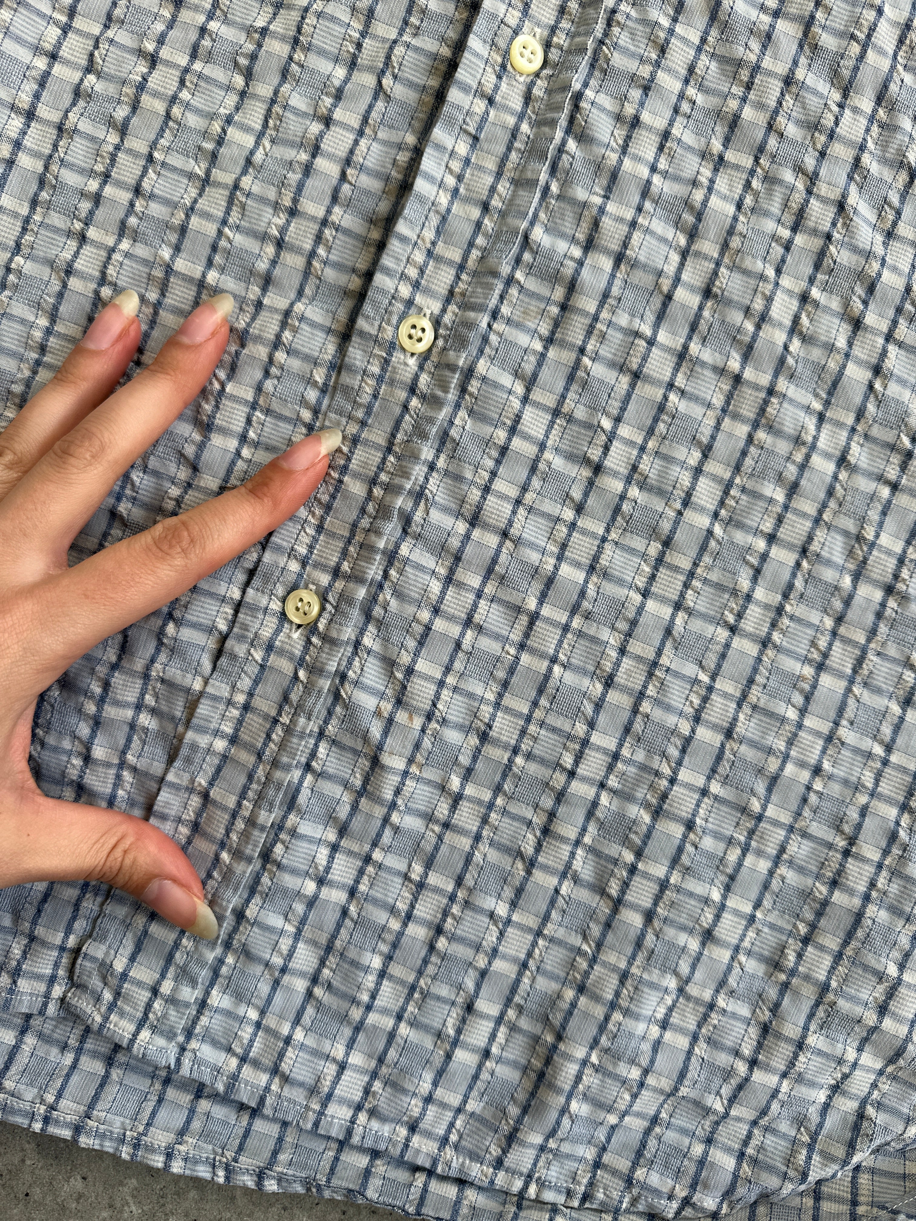 Armani check pure cotton shirt in size large, featuring a classic pattern and tailored fit, displayed on a neutral background.