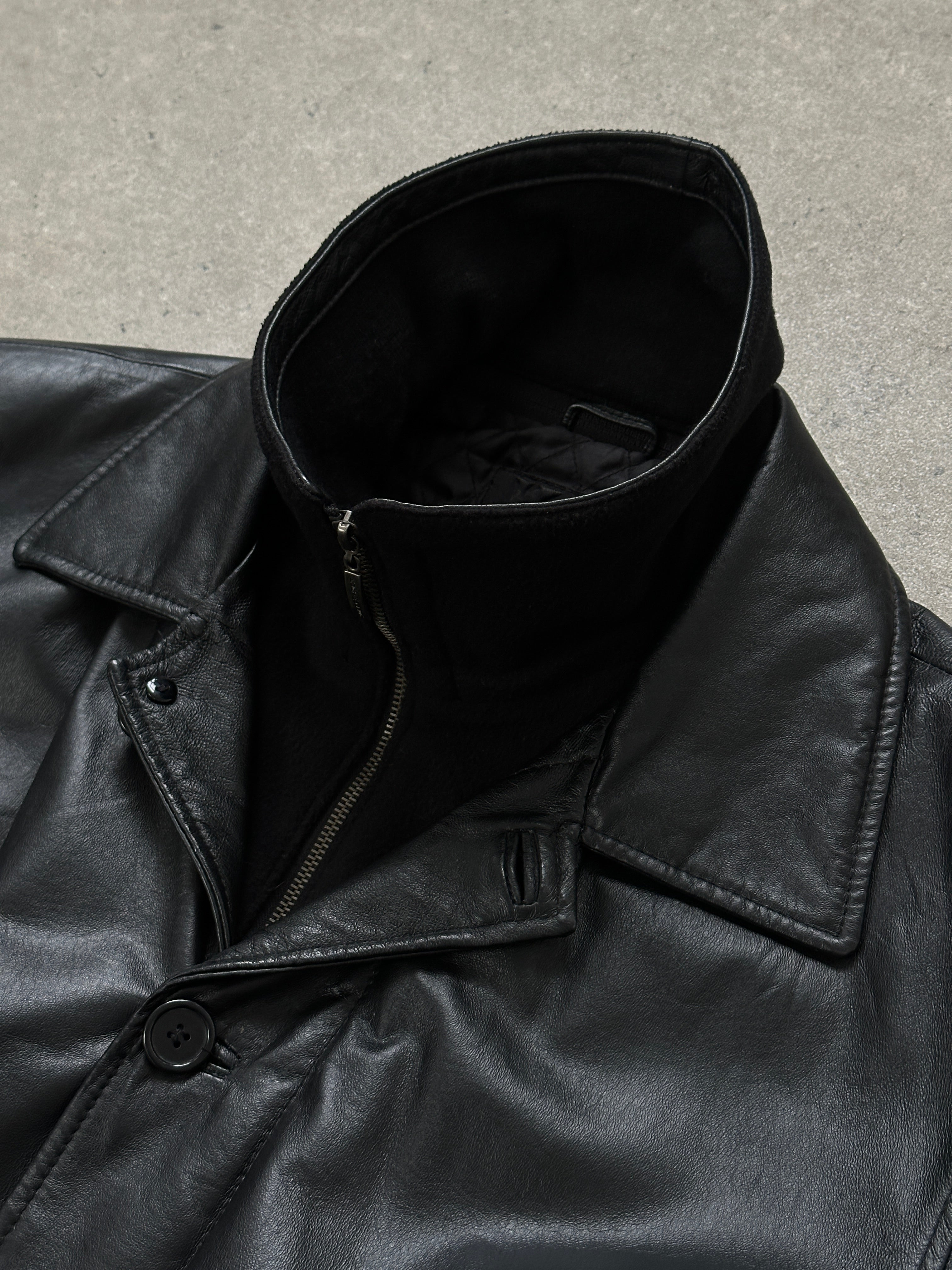 Vintage 1990s funnel neck leather jacket in XXL, showing black leather with classic design and sturdy collar.