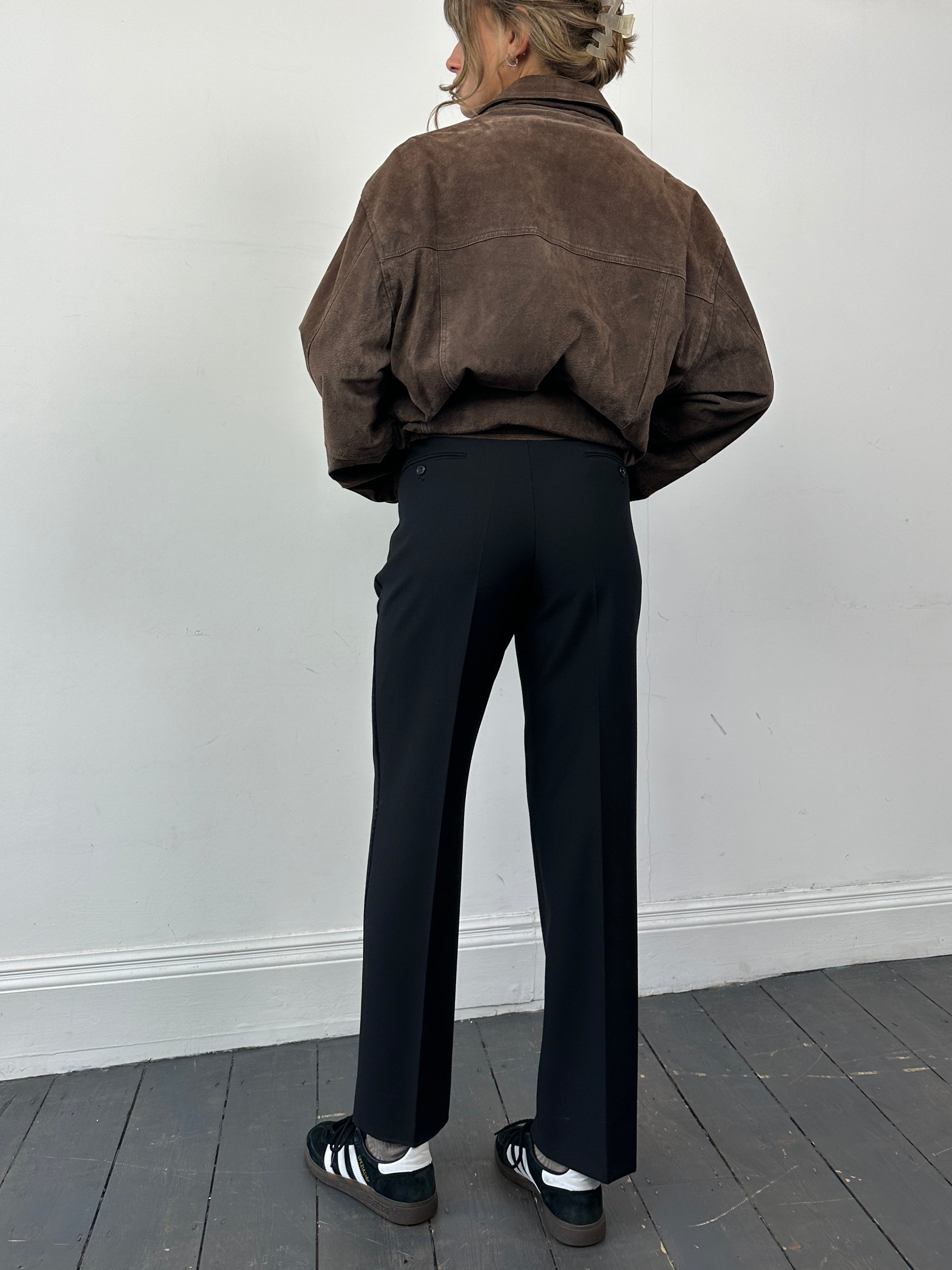 Vintage wool tuxedo straight leg trousers in size W28, featuring classic tailored design and smooth fabric.