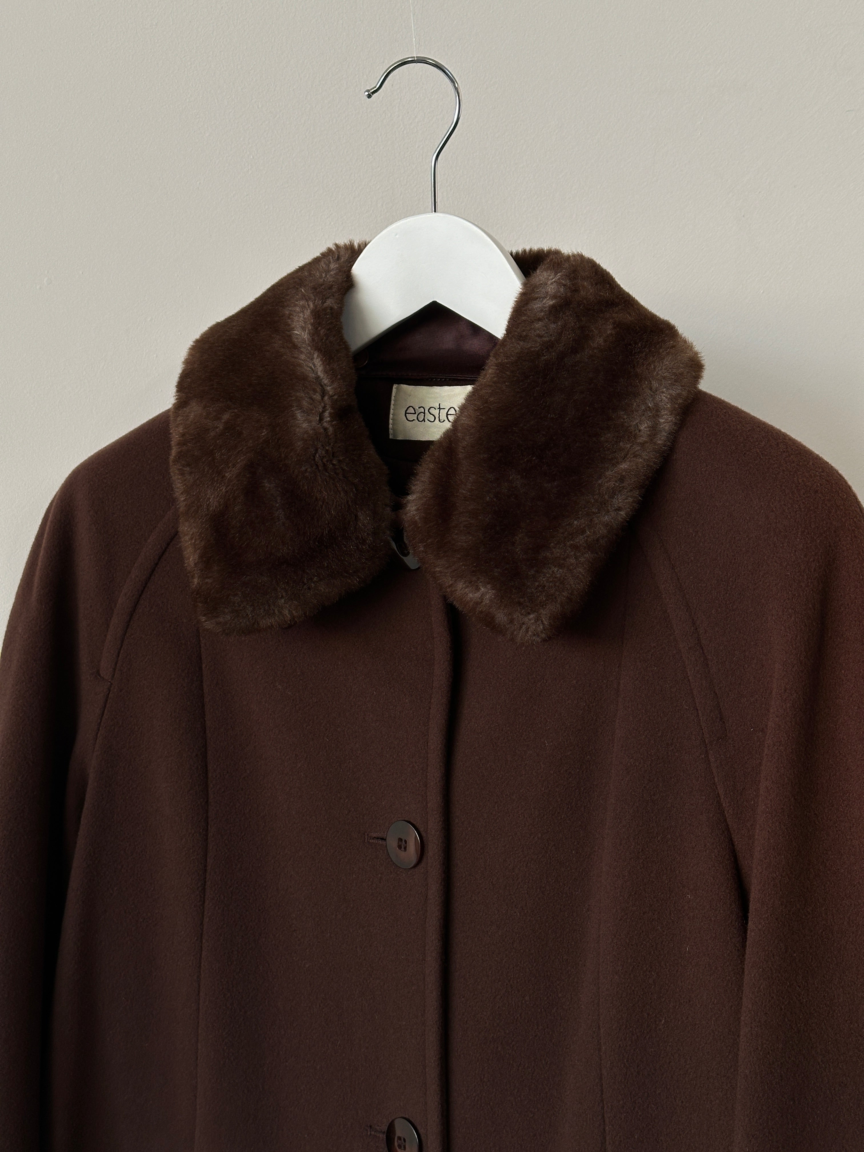 Vintage wool and cashmere coat with removable faux fur collar, stylish and warm, available in S/M size.
